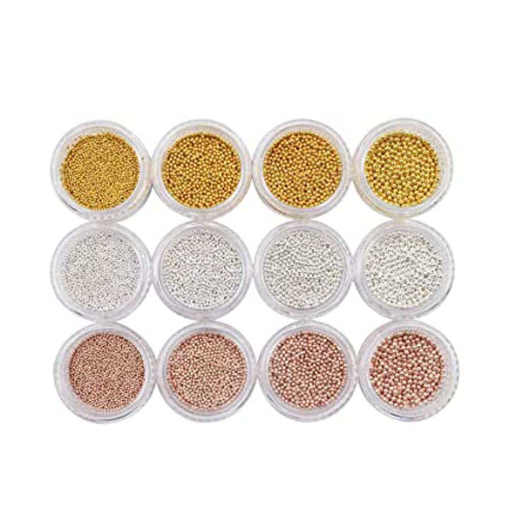 NW Mesiyun Nail Art Beads Kit – Gold, Silver & Rose Gold 1.0mm (12 Pots)