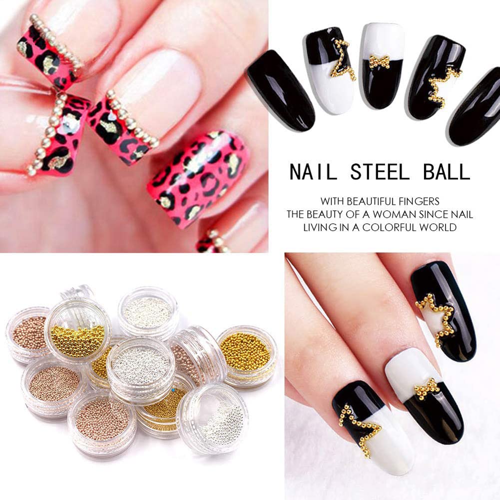 NW Mesiyun Nail Art Beads Kit – Gold, Silver & Rose Gold 1.0mm (12 Pots)