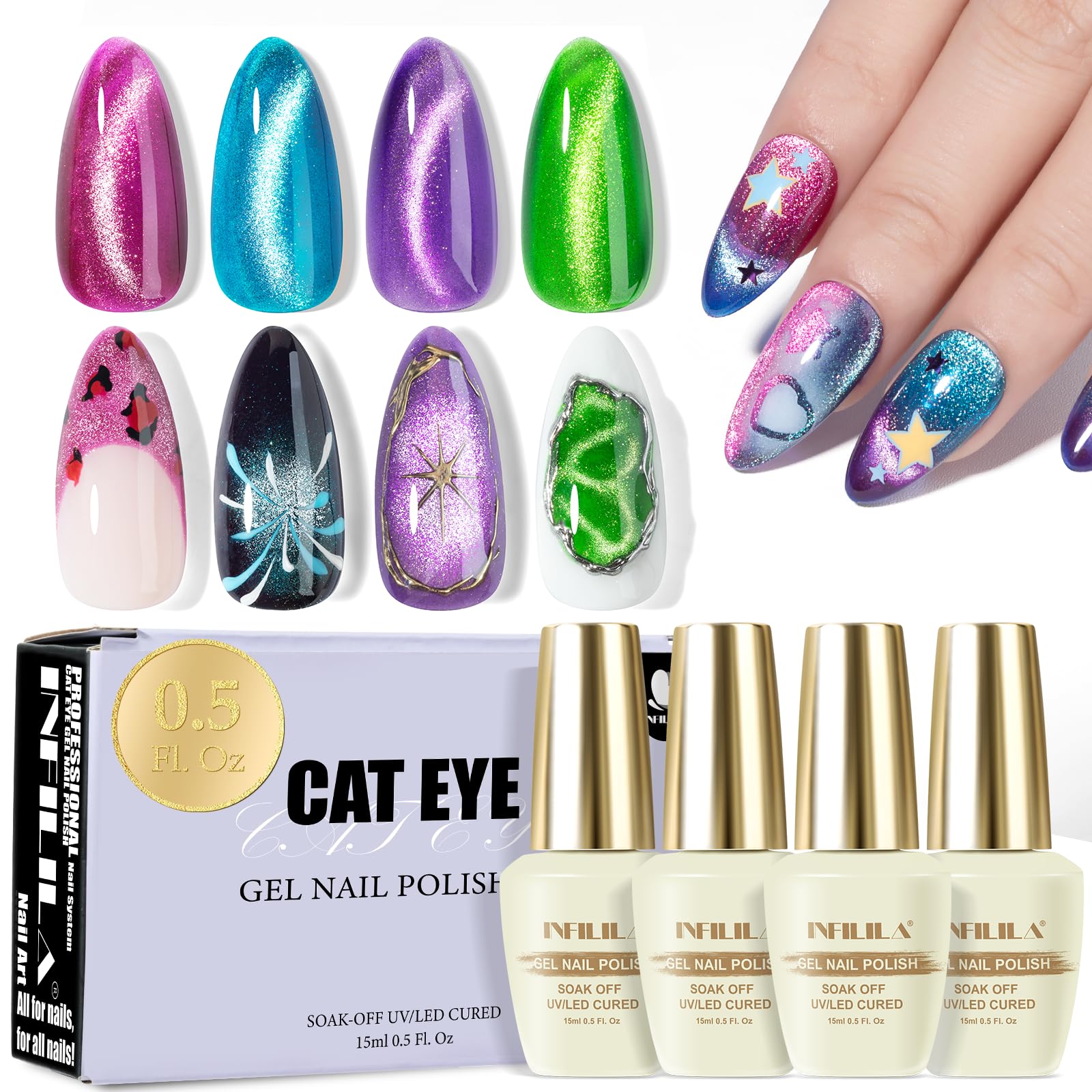 NXJ INFILILA Cat Eye Gel Nail Polish Set – 4 Magnetic Colors (15ml) LED/UV Ready