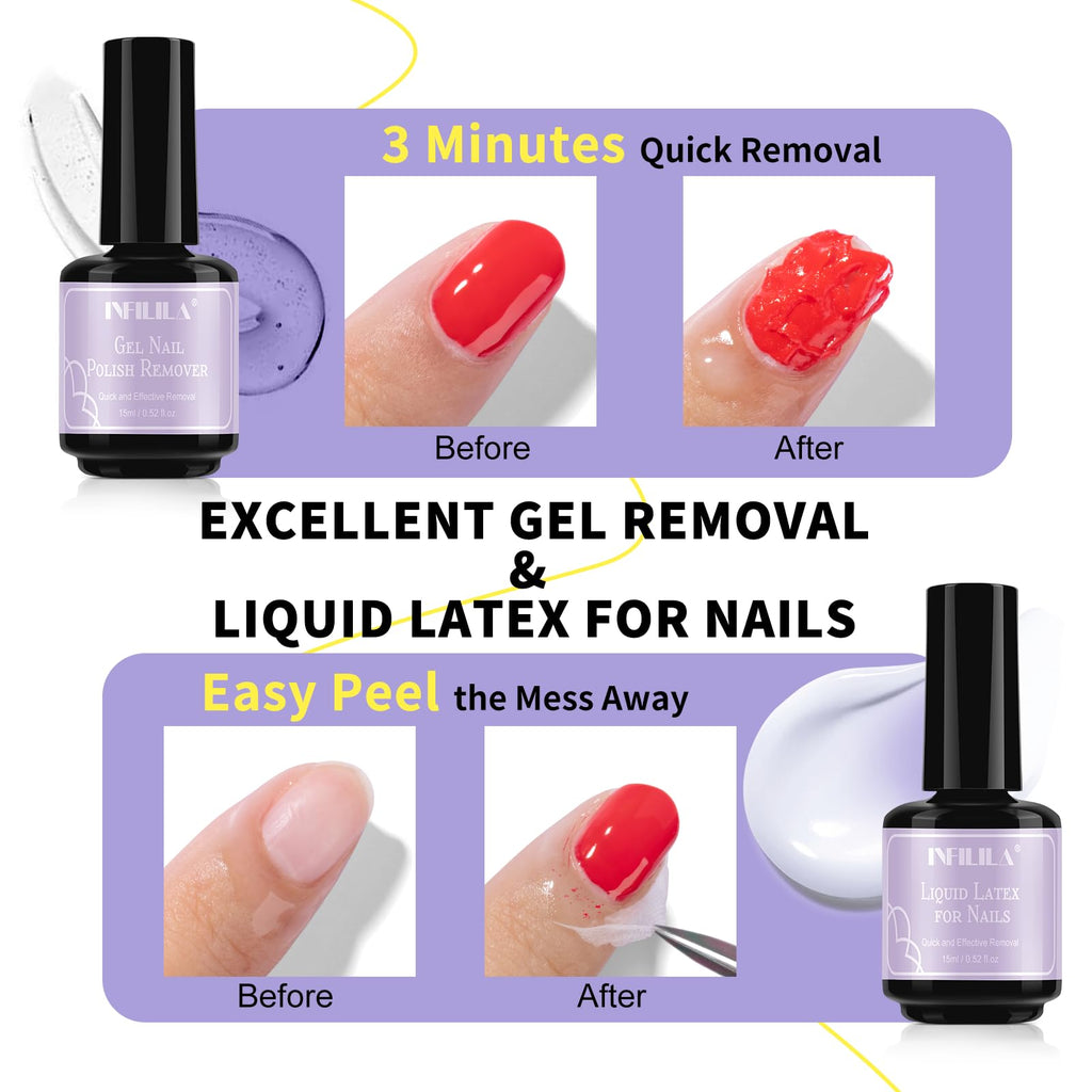 NXJ INFILILA Gel Nail Polish Remover Kit – 5-in-1, Acetone-Free, No Soak, Liquid Latex Barrier