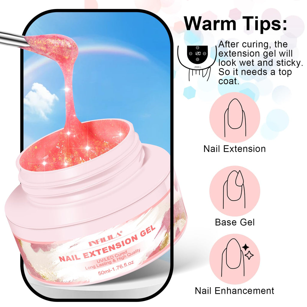NXJ INFILILA Glitter Poly Nail Gel 50ml – Hot Pink Sparkle Builder Gel for UV/LED Nails | DIY Home Salon