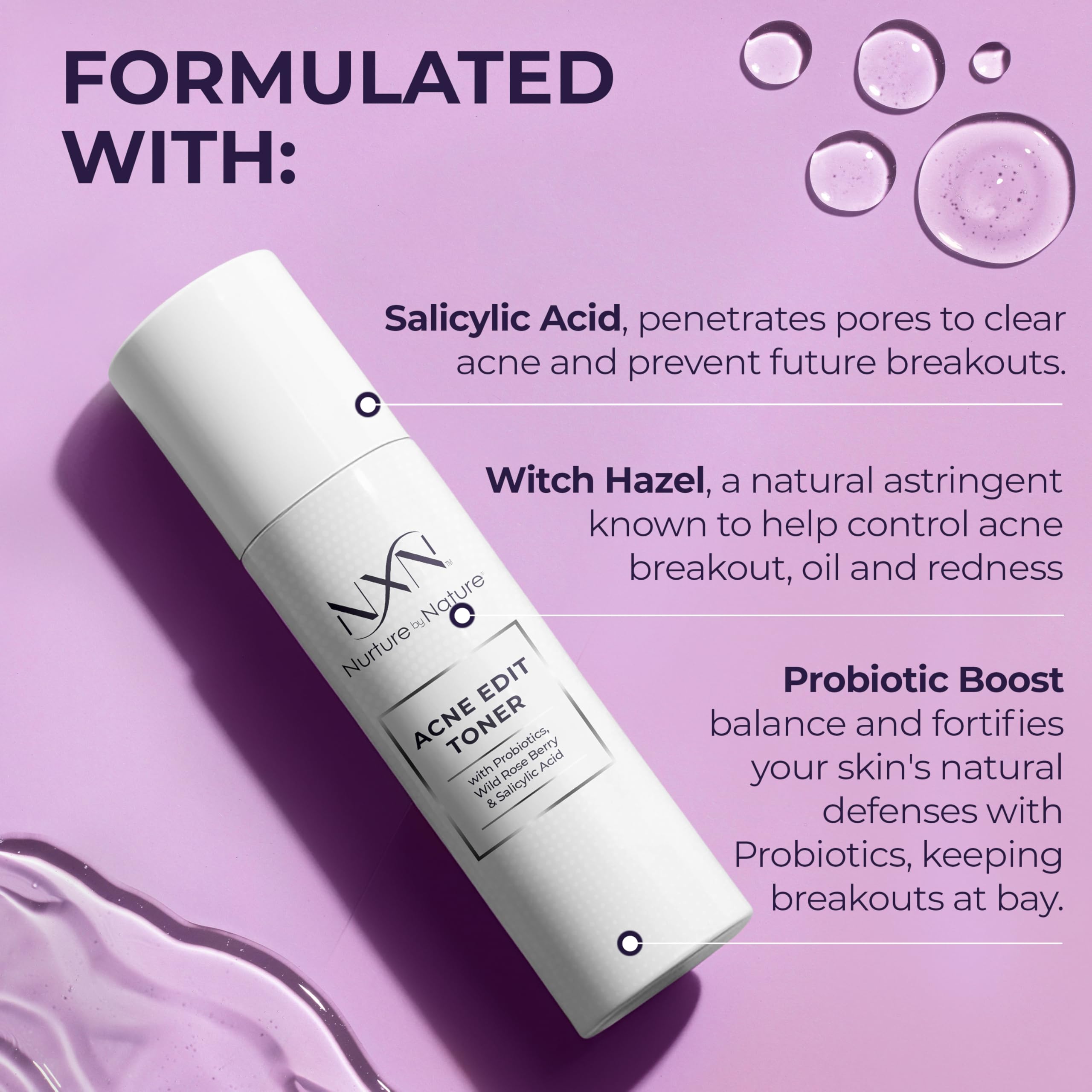 NXN Acne Facial Toner with Salicylic Acid, Witch Hazel & Probiotics | Alcohol-Free