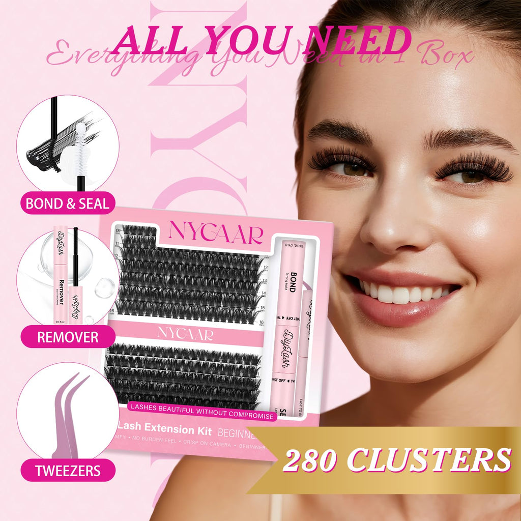 NYCAAR DIY Lash Extension Kit – 280Pcs, 30D/40D Clusters, 0.07D Curl, 9-16mm, Glue Remover
