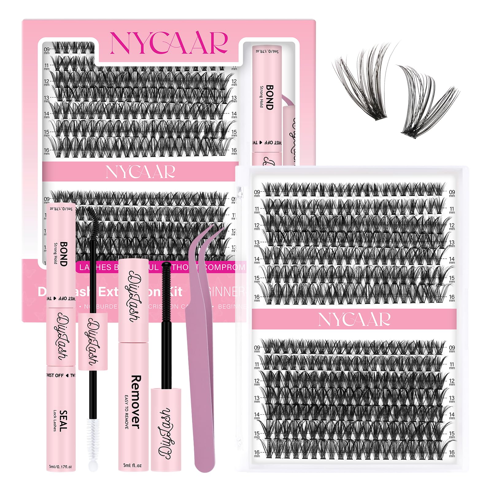NYCAAR DIY Lash Extension Kit – 280Pcs, 30D/40D Clusters, 0.07D Curl, 9-16mm, Glue Remover