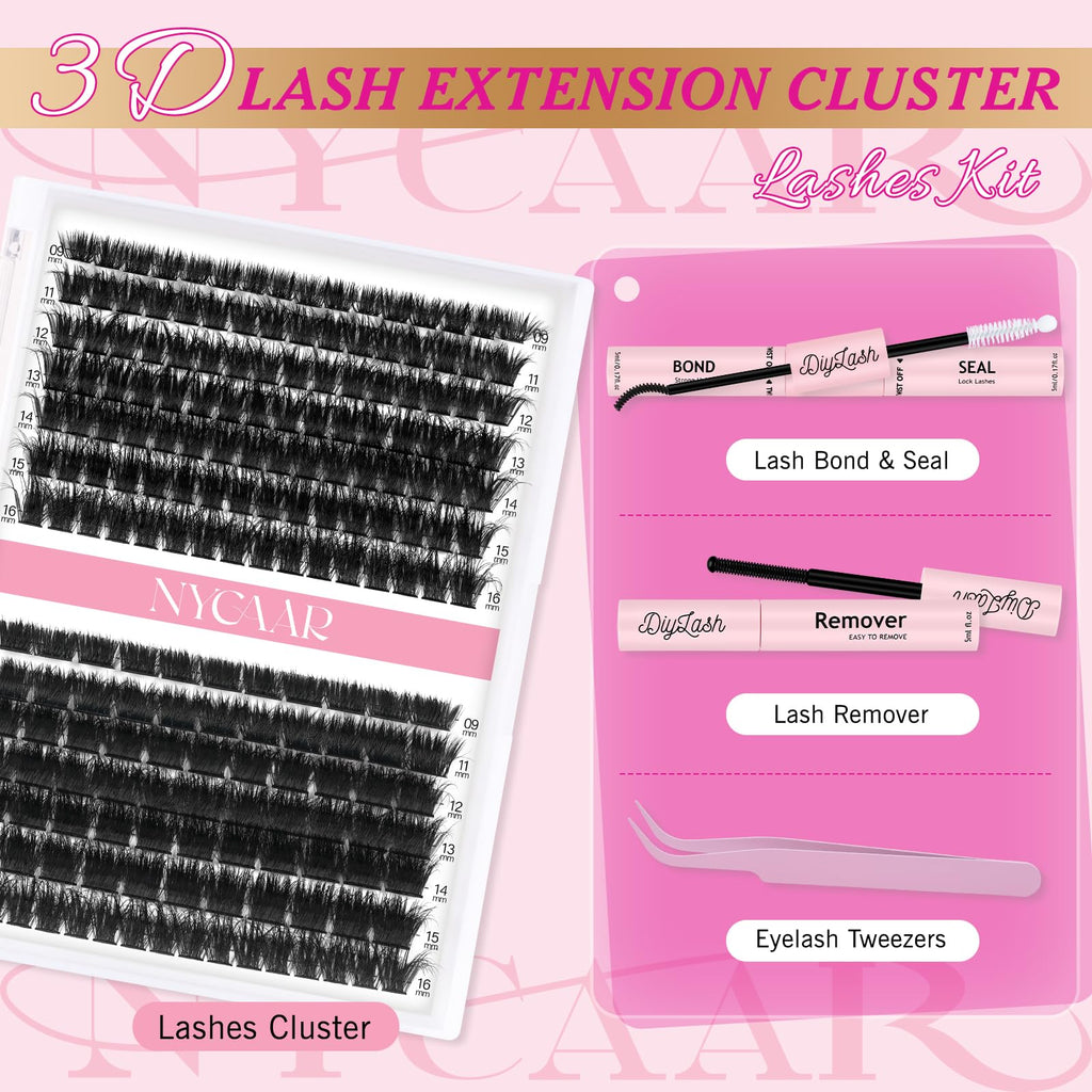 NYCAAR Lash Clusters 3D Effect Kit – 280pcs 80D/100D D-Curl 9-16mm Wispy Lashes + Glue & Remover