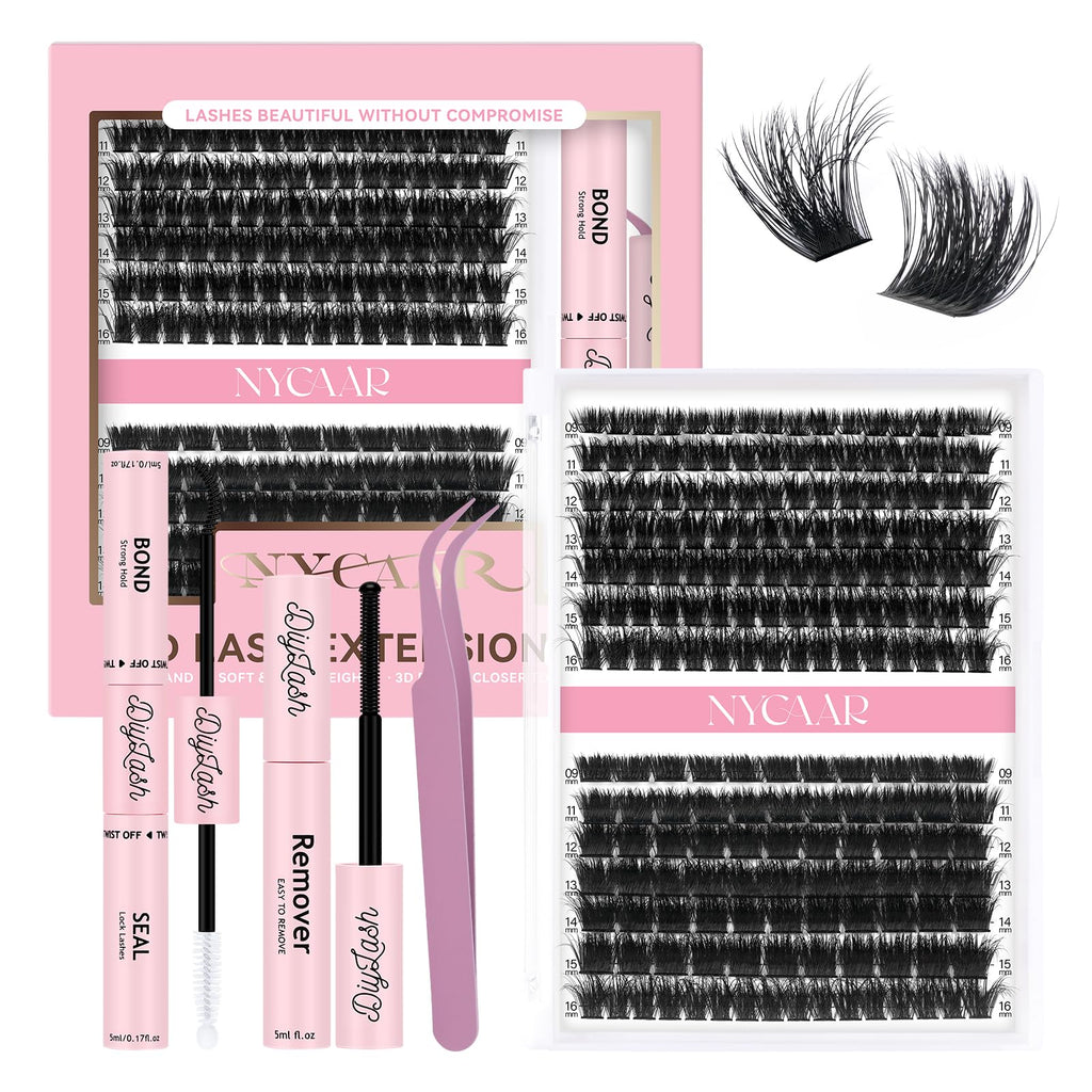 NYCAAR Lash Clusters 3D Effect Kit – 280pcs 80D/100D D-Curl 9-16mm Wispy Lashes + Glue & Remover
