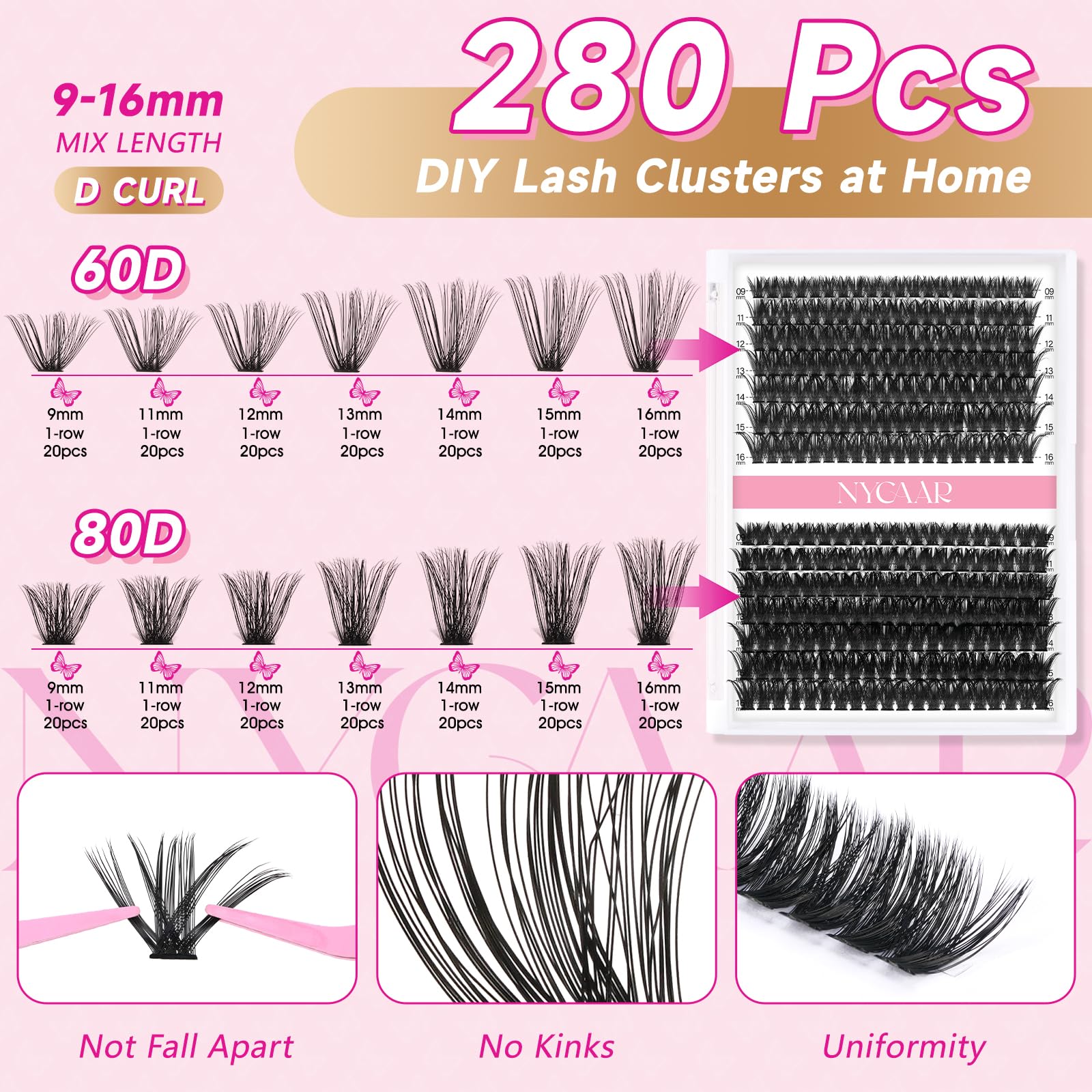 NYCAAR DIY Lash Extension Kit – 280Pcs, 30D/40D Clusters, 0.07D Curl, 9-16mm, Glue Remover