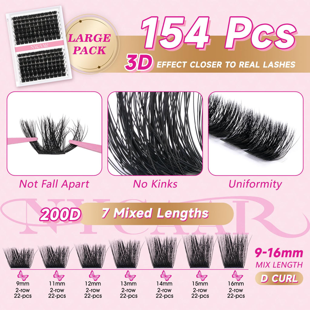 NYCAAR Lash Clusters 3D Effect Kit – 154pcs 200D D-Curl, 9-16mm Mix, DIY Lashes with Glue & Remover
