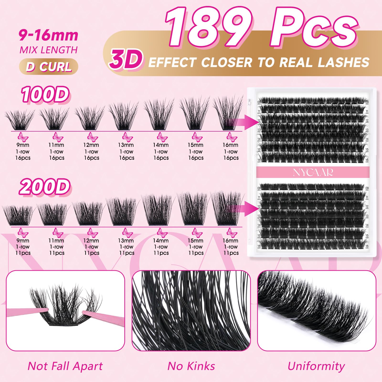 NYCAAR Lash Clusters 3D Effect Kit – 280pcs 80D/100D D-Curl 9-16mm Wispy Lashes + Glue & Remover