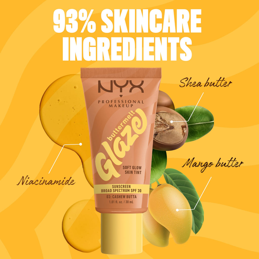 NYX PROFESSIONAL MAKEUP Buttermelt Glaze Soft Glow Skin Tint + SPF 30 – Up to 12HR Wear, Cashew Butta 03