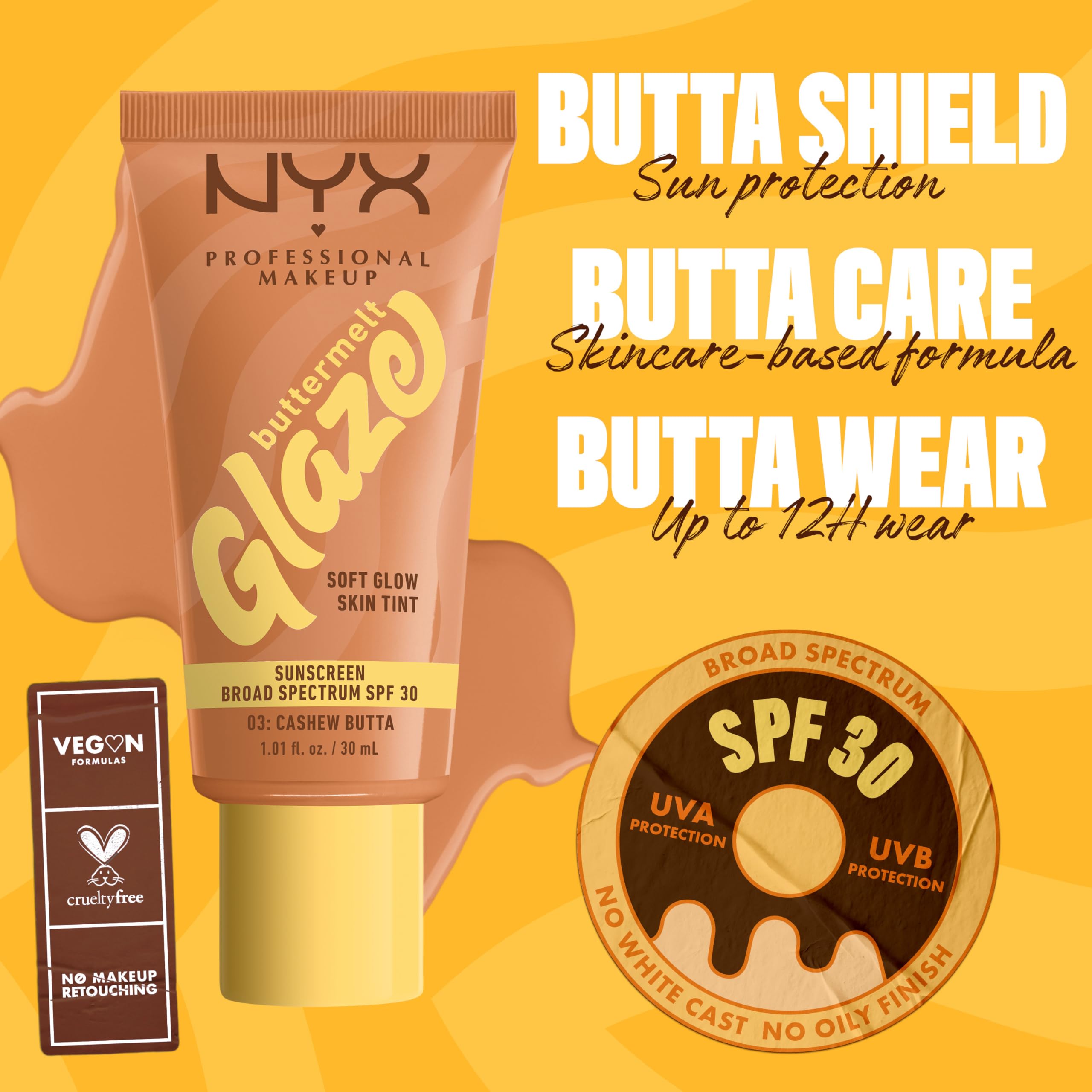 NYX PROFESSIONAL MAKEUP Buttermelt Glaze Soft Glow Skin Tint + SPF 30 – Up to 12HR Wear, Cashew Butta 03