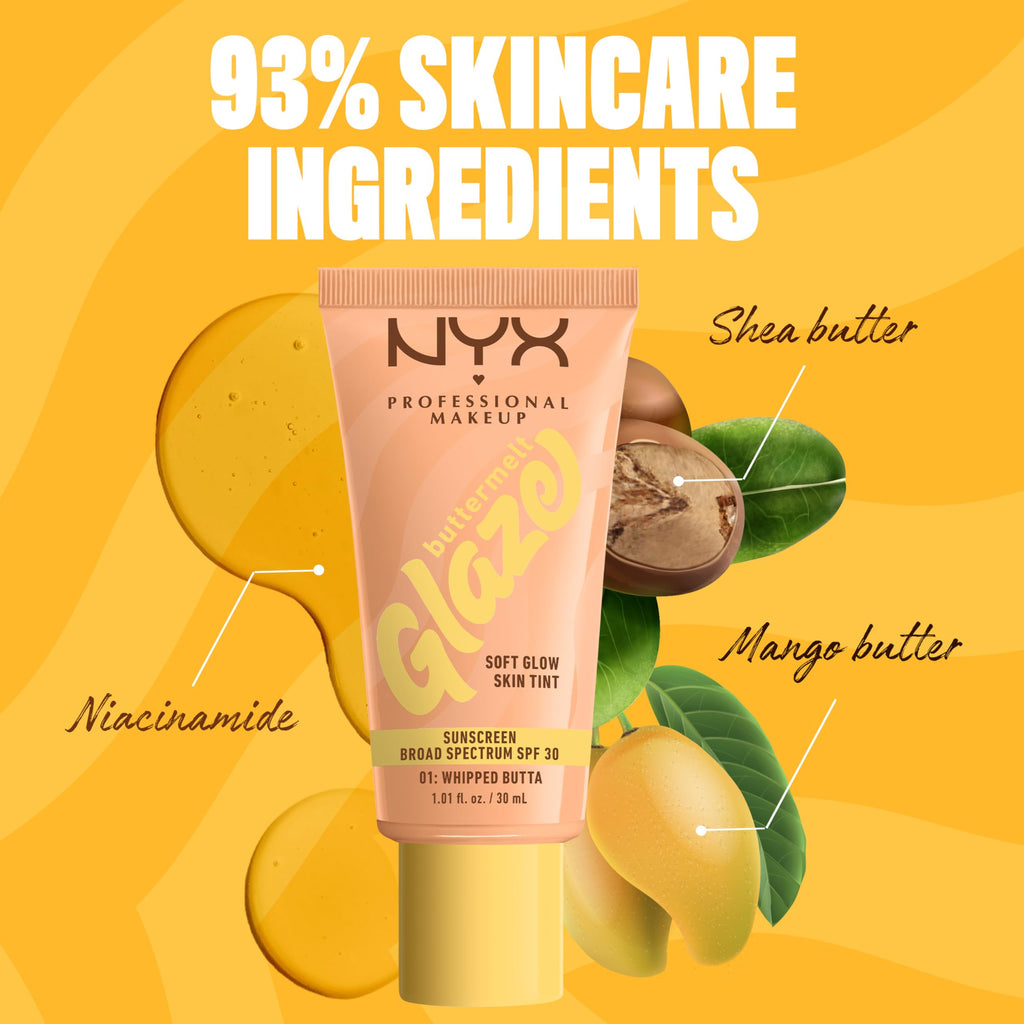 NYX PROFESSIONAL MAKEUP Buttermelt Glaze Soft Glow Skin Tint SPF 30 | 12HR Wear, 01 Whipped Butta
