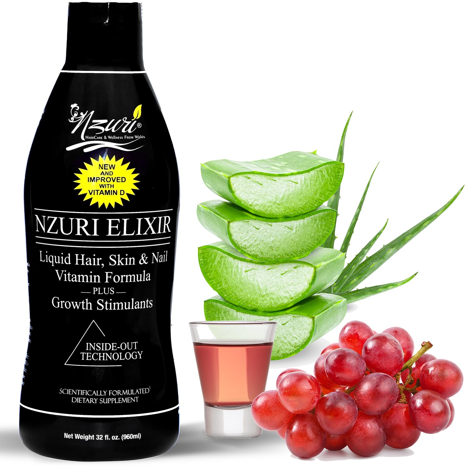 Nzuri Elixir Hair Skin Nails Vitamins – Biotin, Folate & Vitamin D | 32 oz