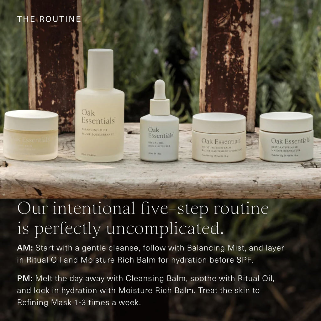 Oak Essentials The Routine At-Home Facial Gift Set | 5-Step Anti-Aging Skincare with Blue Tansy Oil, Cleansing Balm & Restorative Mask