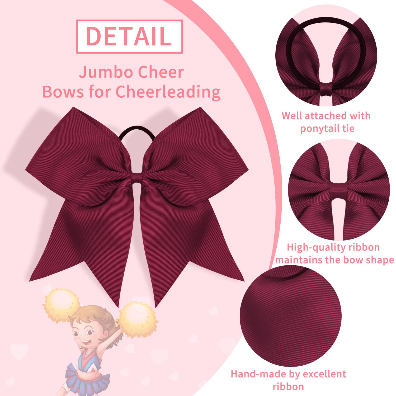 OAOLEER 16-Pack 8-Inch Maroon Cheer Bows with Ponytail Holders – Handmade Team Accessories