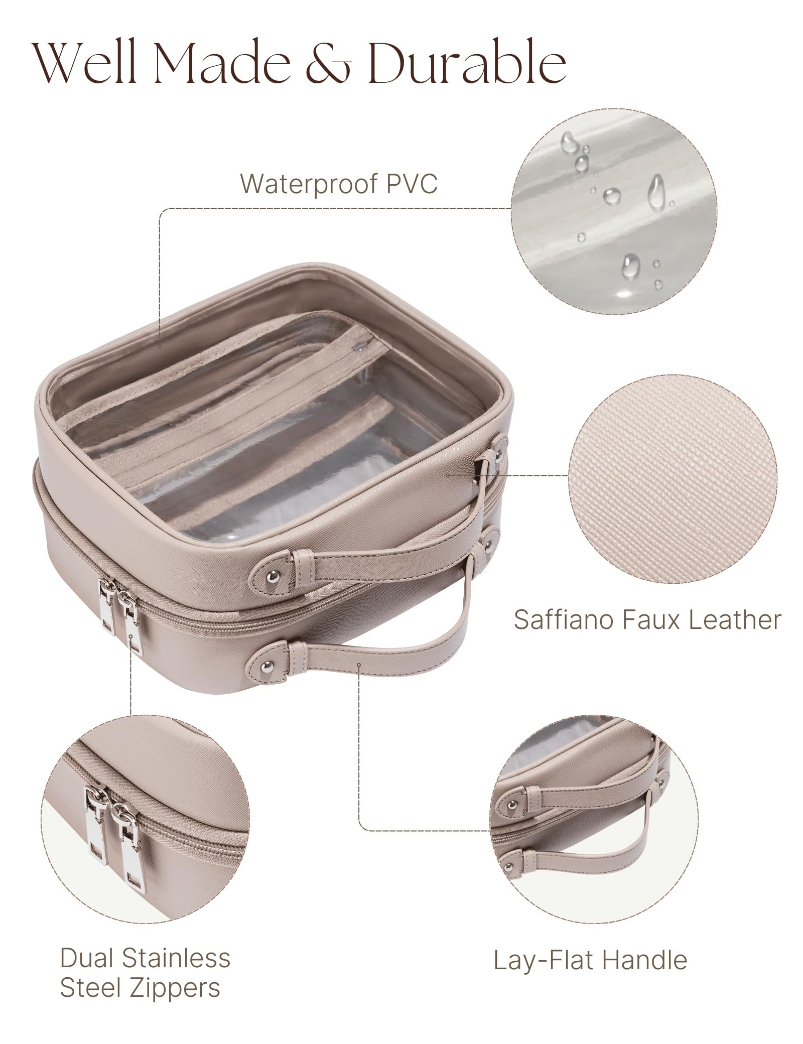Oaque Clear Cosmetic Bag — Large Double Layer Travel Toiletry Bag with 4 Compartments (Taupe)