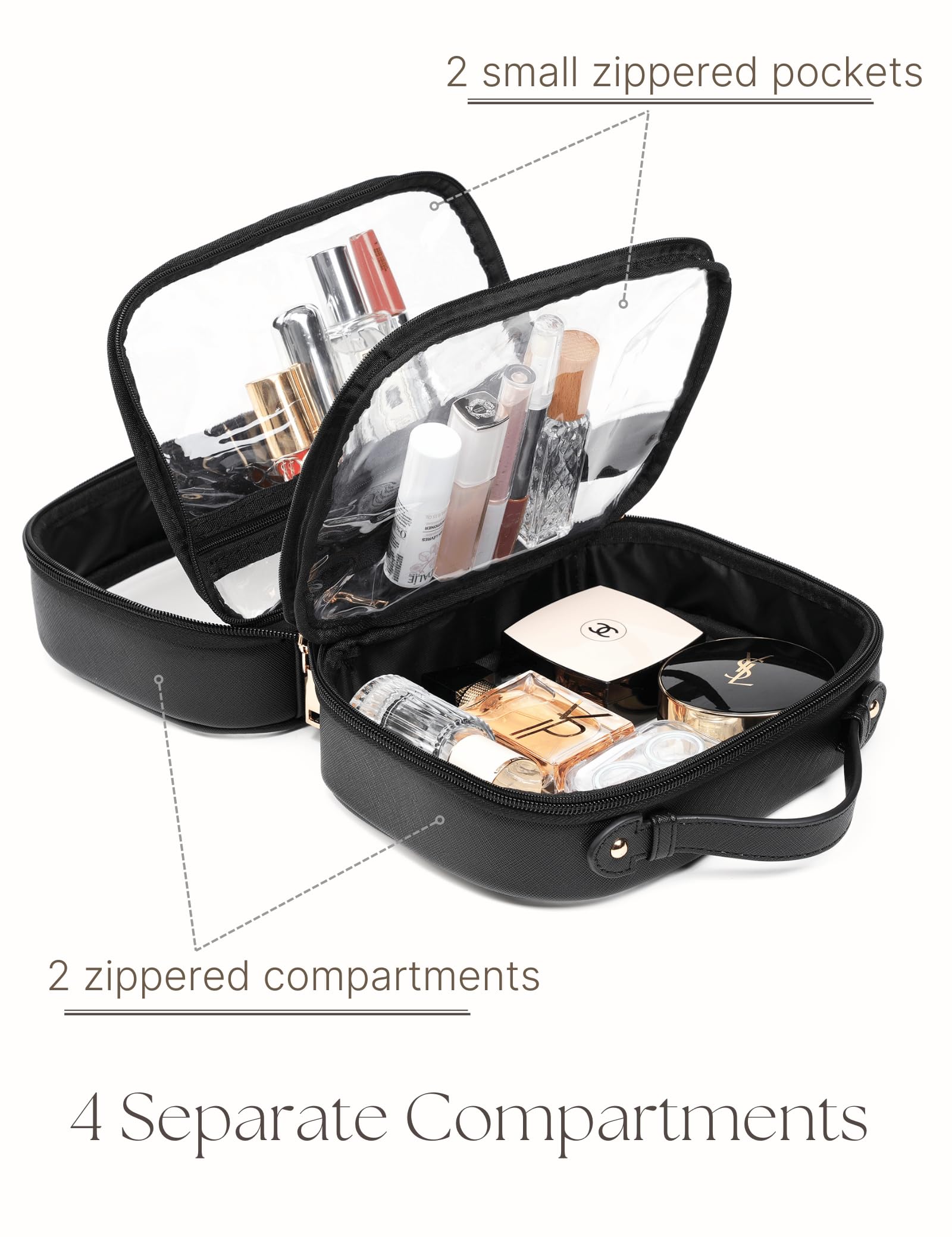 Oaque Clear Cosmetic Bag - Double Layer Travel Toiletry Case with 4 Compartments (Small, Black)