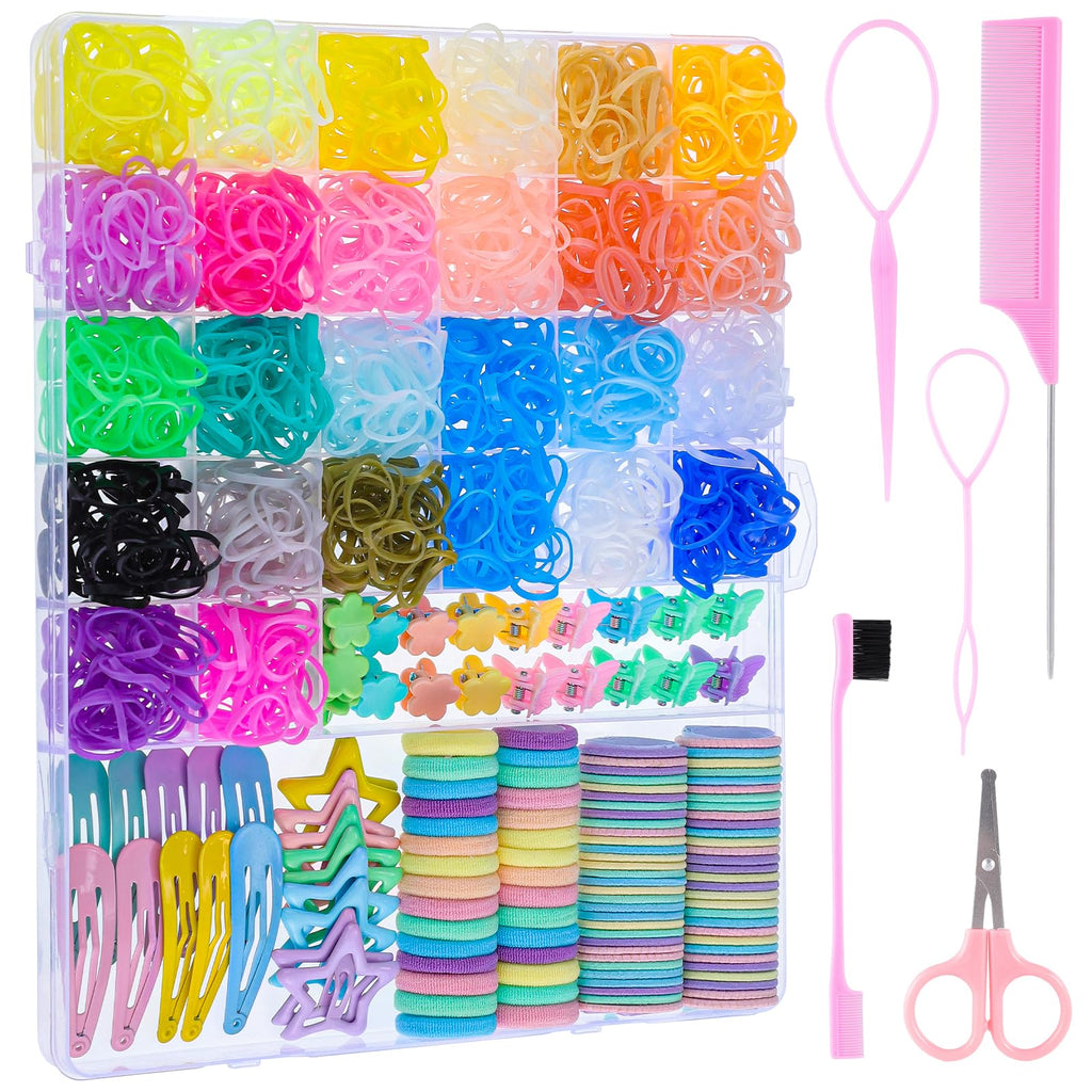 obeoby Colorful Rubber Bands Set – 2020 Pcs Elastic Hair Ties, 5 Styling Tools, 40 Hair Clips, Gift for Daughter