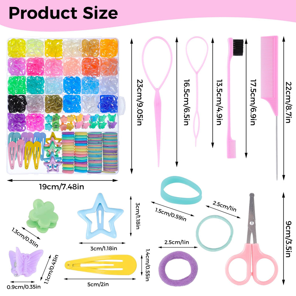 obeoby Colorful Rubber Bands Set – 2020 Pcs Elastic Hair Ties, 5 Styling Tools, 40 Hair Clips, Gift for Daughter