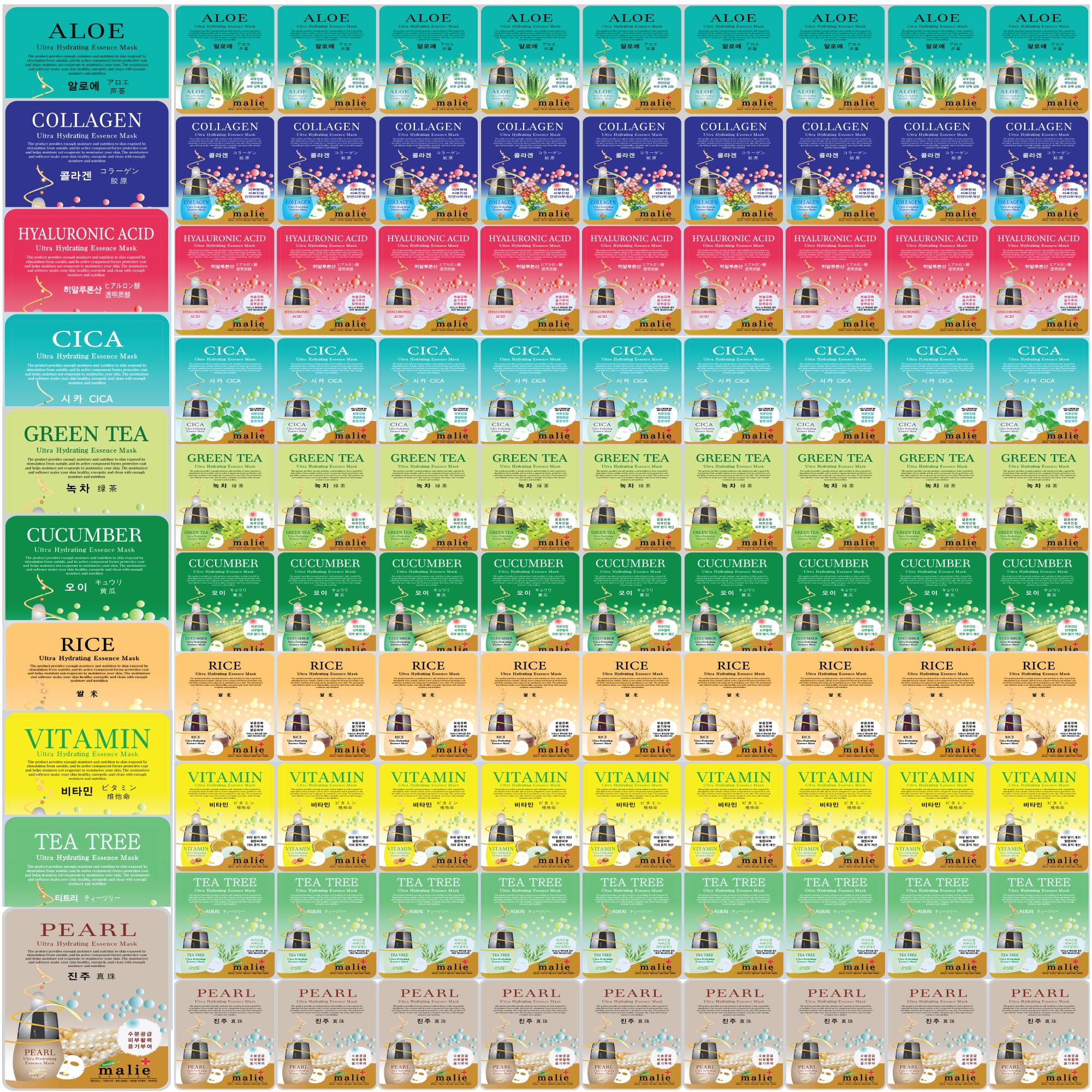 OBS Lab 100 Pcs Vegan Ultra Hydrating Essence Mask – 10 Types Korean Sheet Masks (Made in Korea)