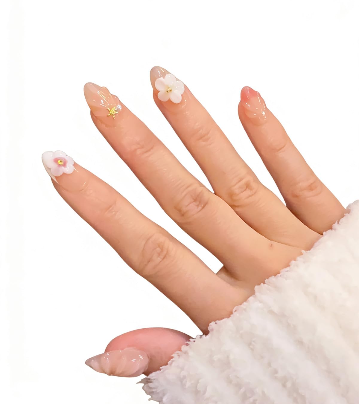 Ocean A04: 10 Short Almond Handmade Press-On Nails – 3D Floral Gradient with Starfish & Seashells (Autumn & Winter)
