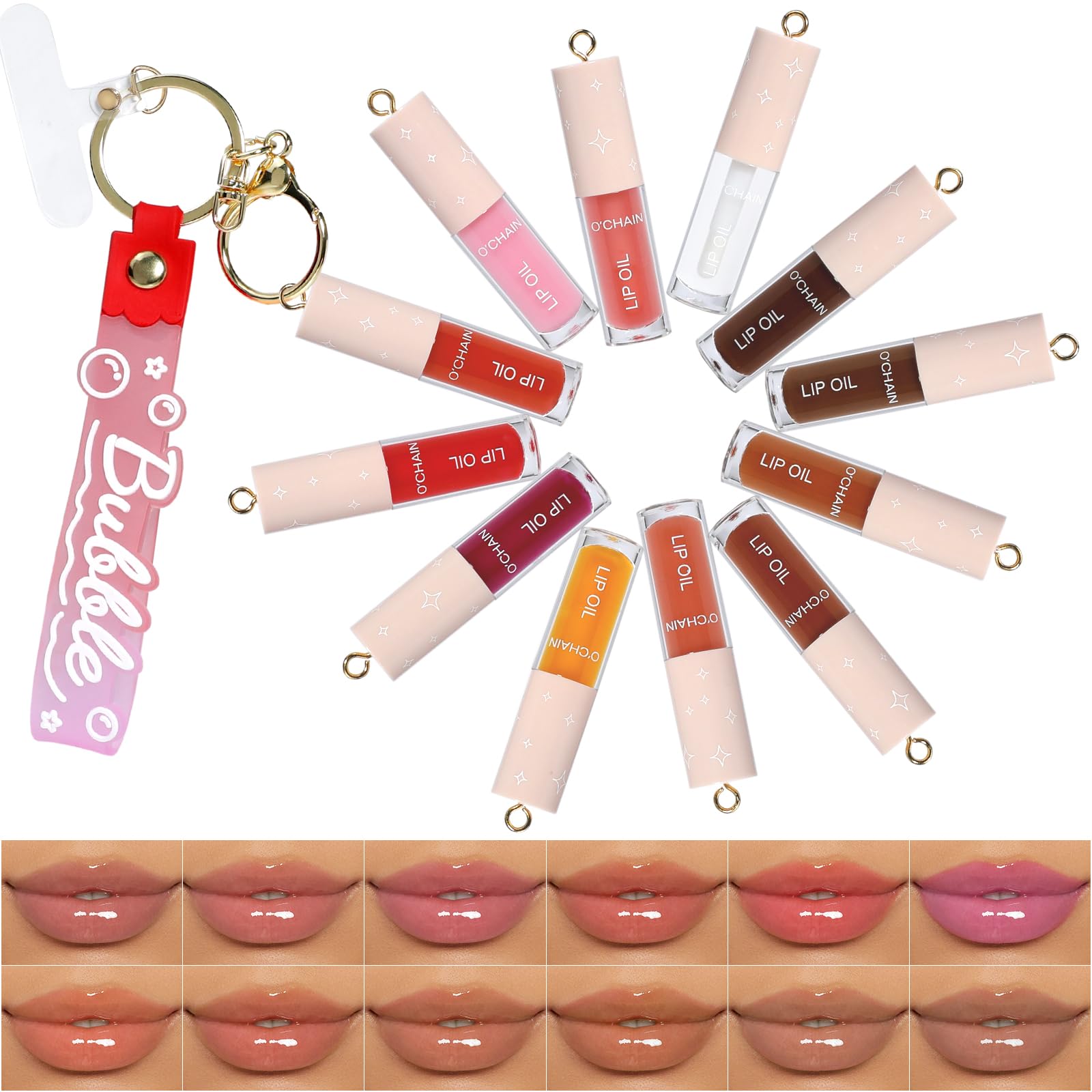 O'CHAIN 12-Color Lip Oil Set | Portable Keychain, High Shine & Hydration