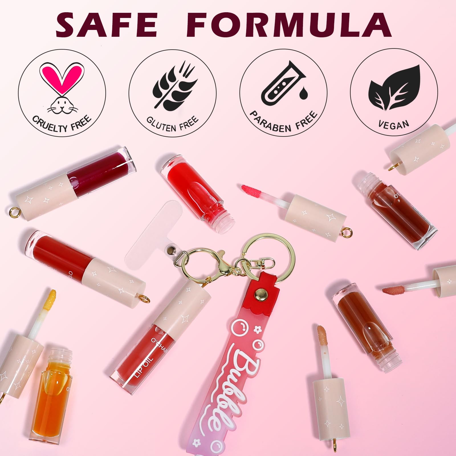 O'CHAIN 12-Color Lip Oil Set | Portable Keychain, High Shine & Hydration