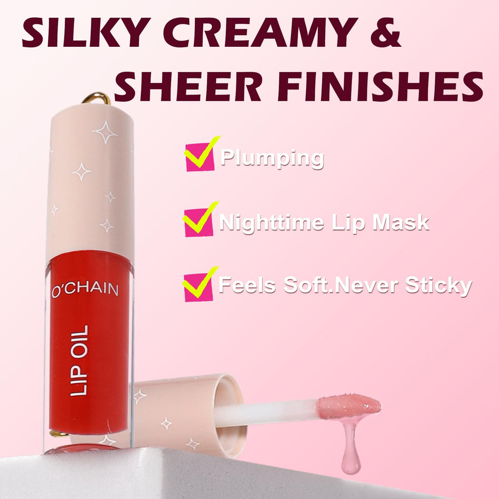 O'CHAIN 12-Color Lip Oil Set | Portable Keychain, High Shine & Hydration
