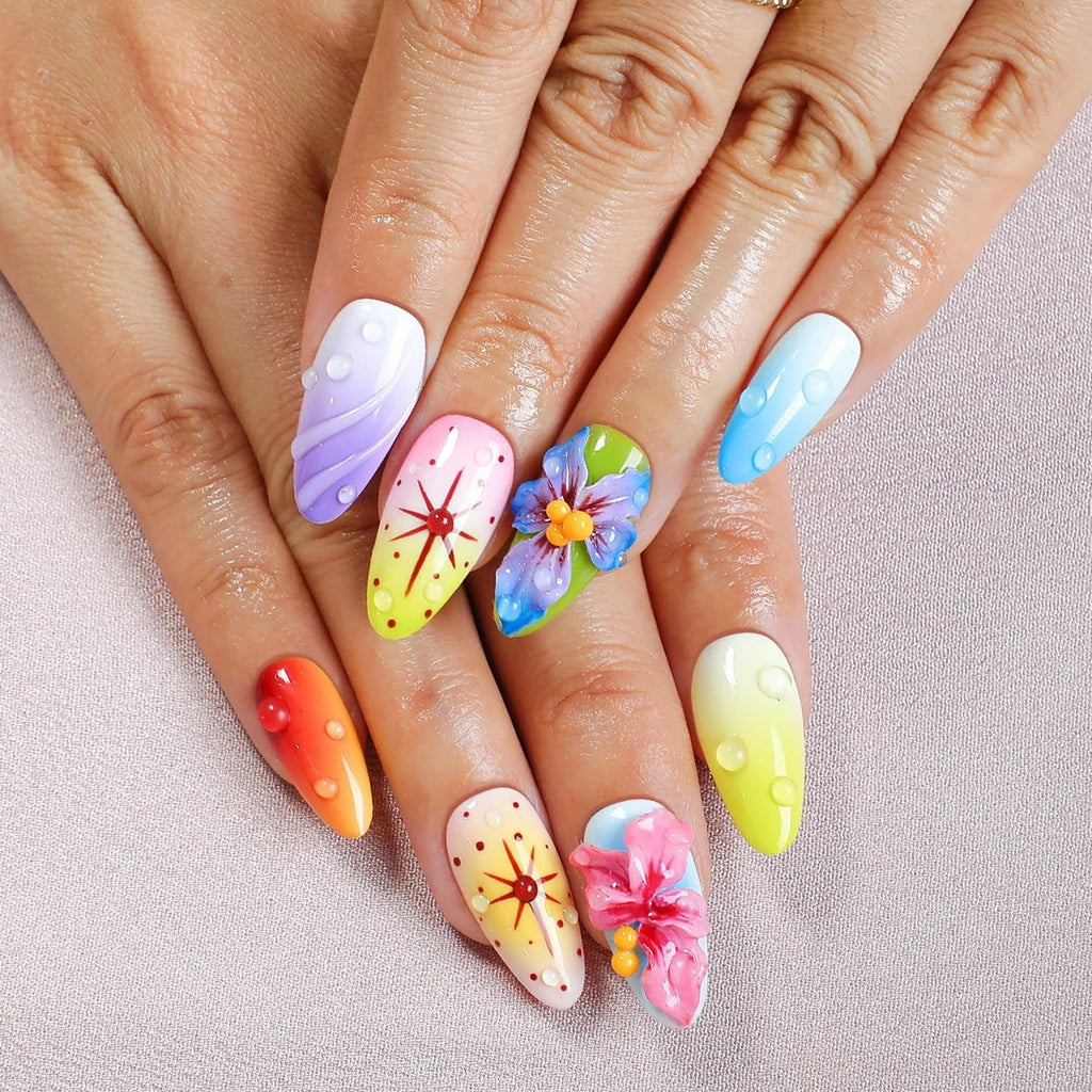 OCOUYVD Handmade Press on Nails – Medium Almond, 3D Flower Design, Thick Acrylic