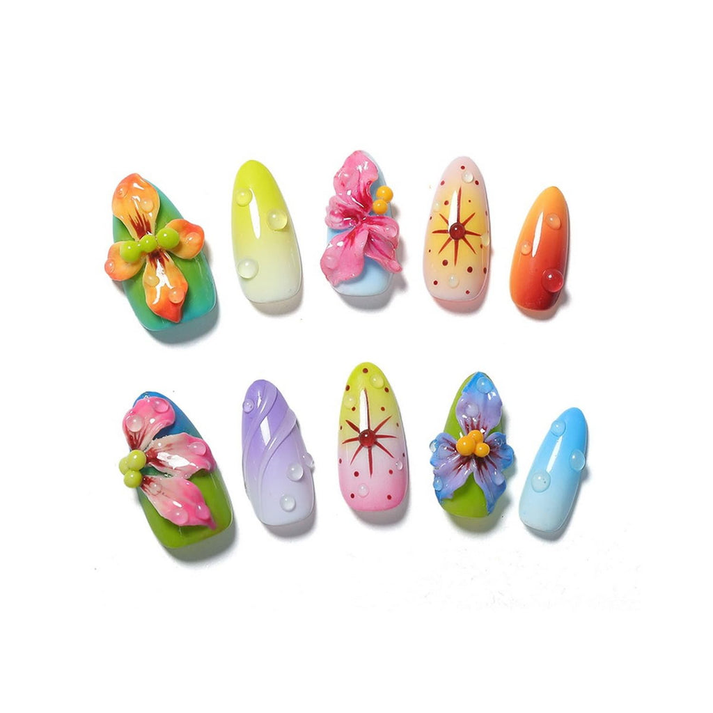 OCOUYVD Handmade Press on Nails – Medium Almond, 3D Flower Design, Thick Acrylic