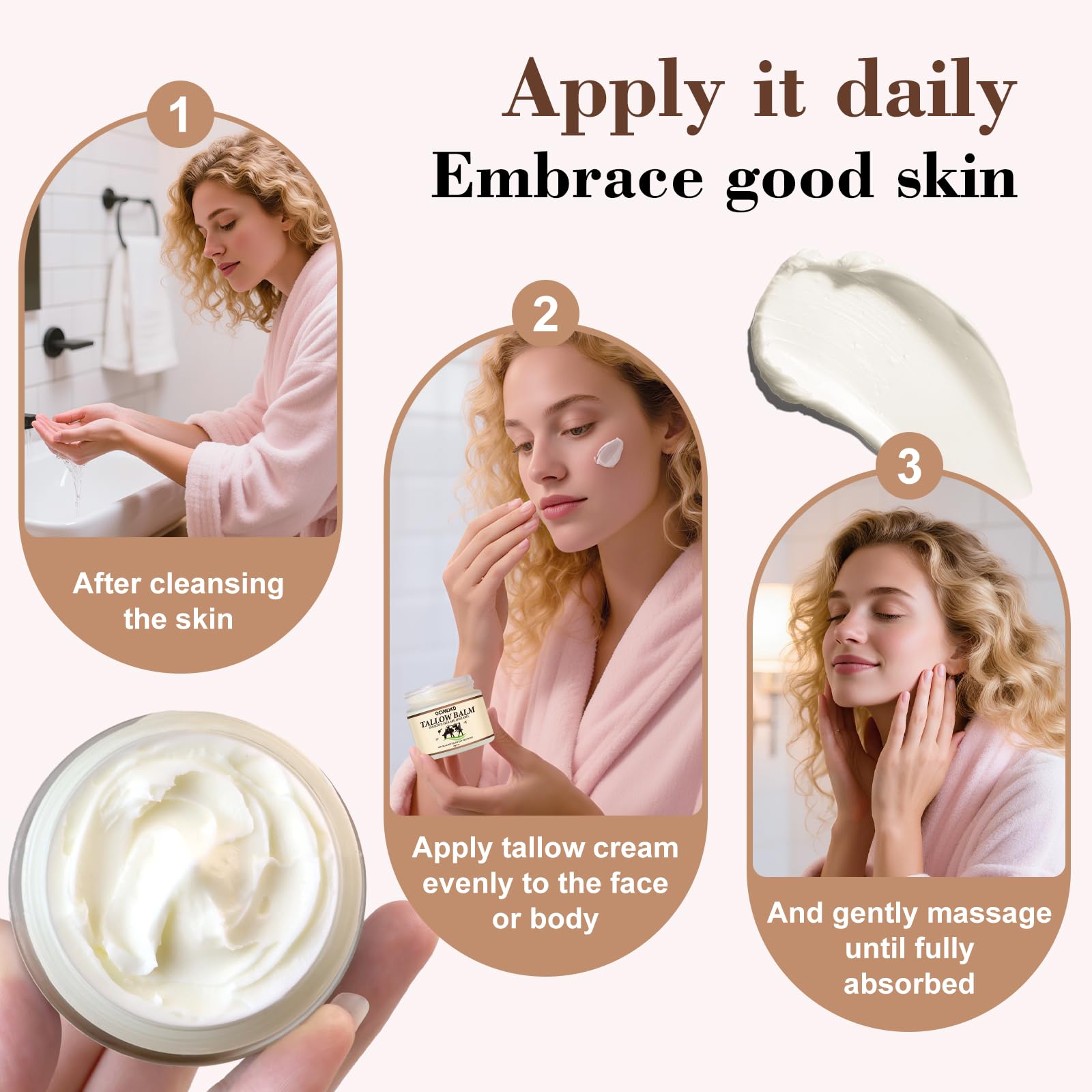 OCVWJKD Beef Tallow & Honey Balm – 3-Pack All-Natural Skin Moisturizer for Face & Body | Grass-Fed Tallow & Raw Honey Blend | 6 Oz