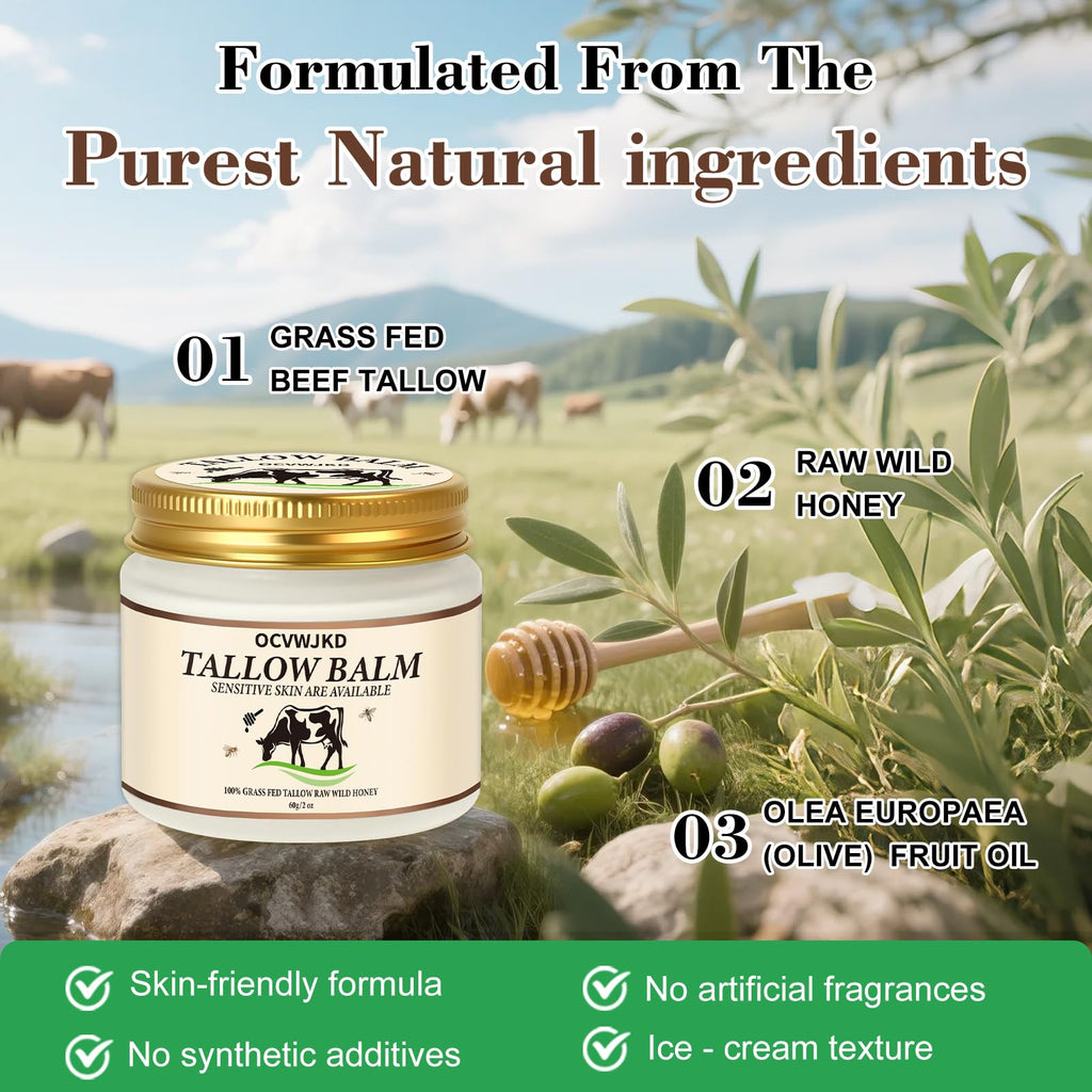 OCVWJKD Beef Tallow & Honey Balm – 3-Pack All-Natural Skin Moisturizer for Face & Body | Grass-Fed Tallow & Raw Honey Blend | 6 Oz