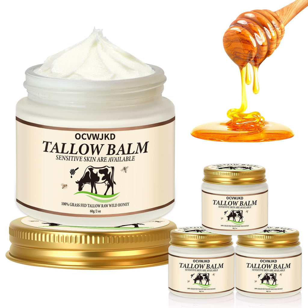 OCVWJKD Beef Tallow & Honey Balm – 3-Pack All-Natural Skin Moisturizer for Face & Body | Grass-Fed Tallow & Raw Honey Blend | 6 Oz