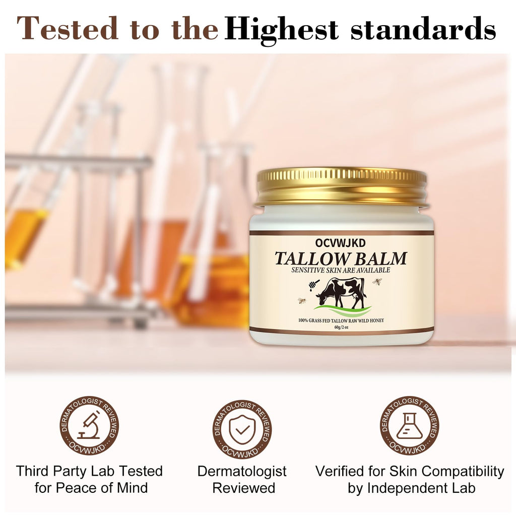 OCVWJKD Beef Tallow & Honey Balm – 3-Pack All-Natural Skin Moisturizer for Face & Body | Grass-Fed Tallow & Raw Honey Blend | 6 Oz