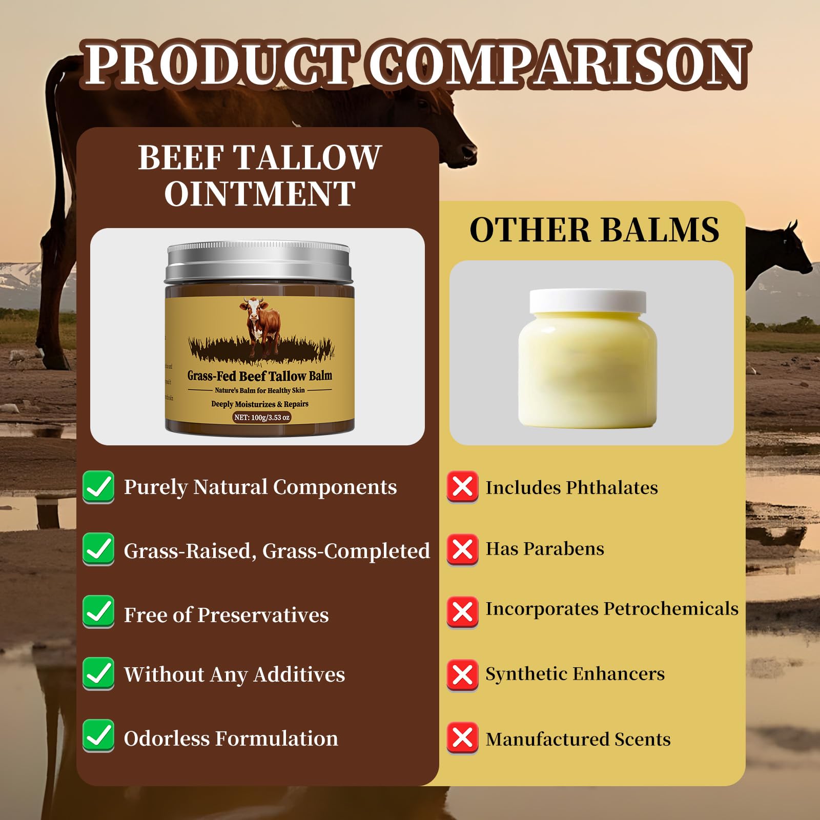 Oebitor Beef Tallow Balm — 100% Organic Grass-Fed Whipped Moisturizer for Face & Body (3.53oz)