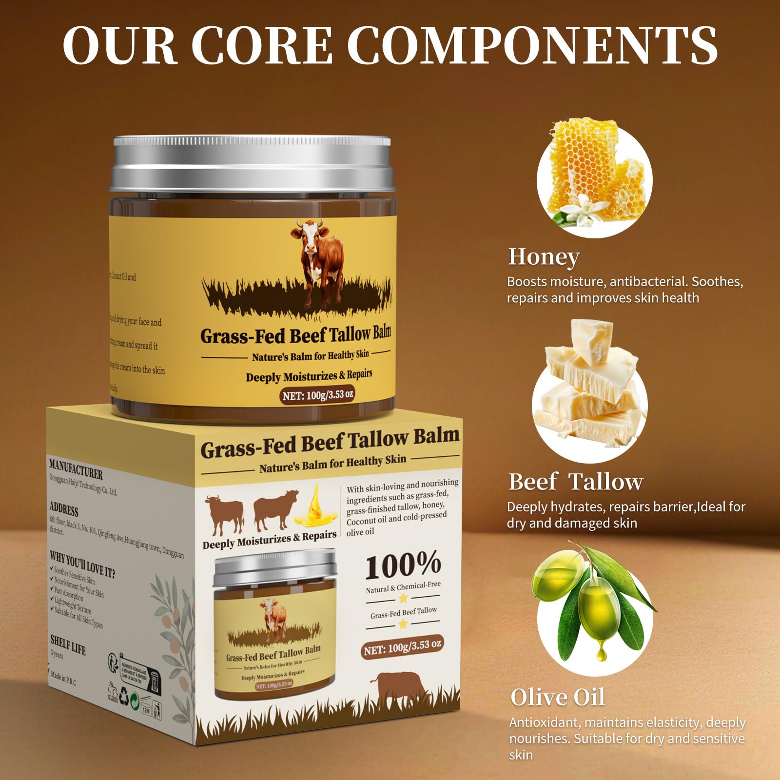 Oebitor Beef Tallow Balm — 100% Organic Grass-Fed Whipped Moisturizer for Face & Body (3.53oz)