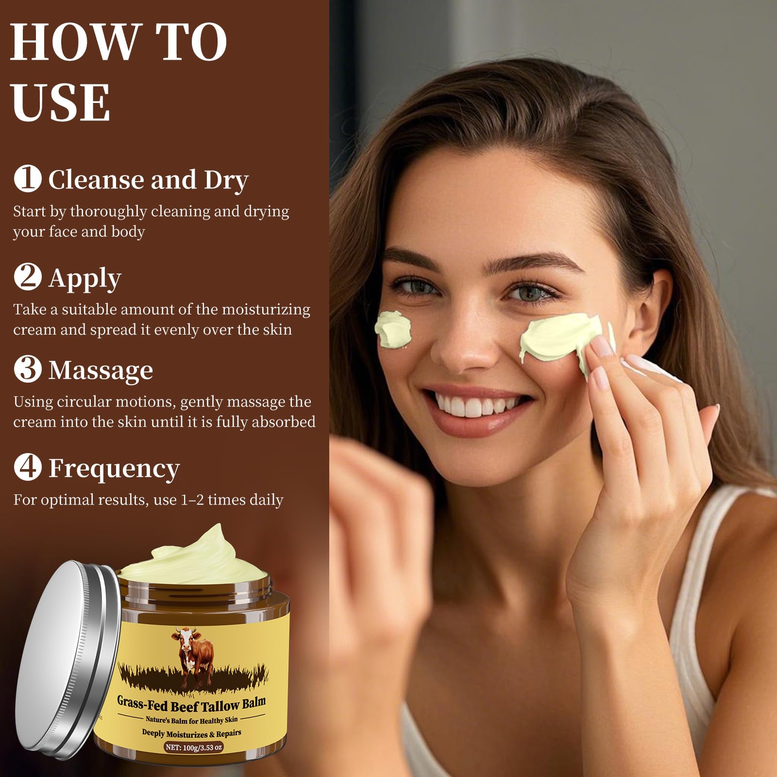 Oebitor Beef Tallow Balm — 100% Organic Grass-Fed Whipped Moisturizer for Face & Body (3.53oz)