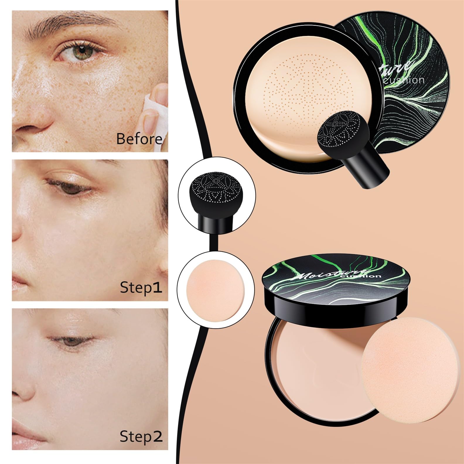 OETUIOW Mushroom Head Air Cushion CC Cream with Setting Powder Set – Shine Control, Blur & Even Skin Tone for All Skin Types