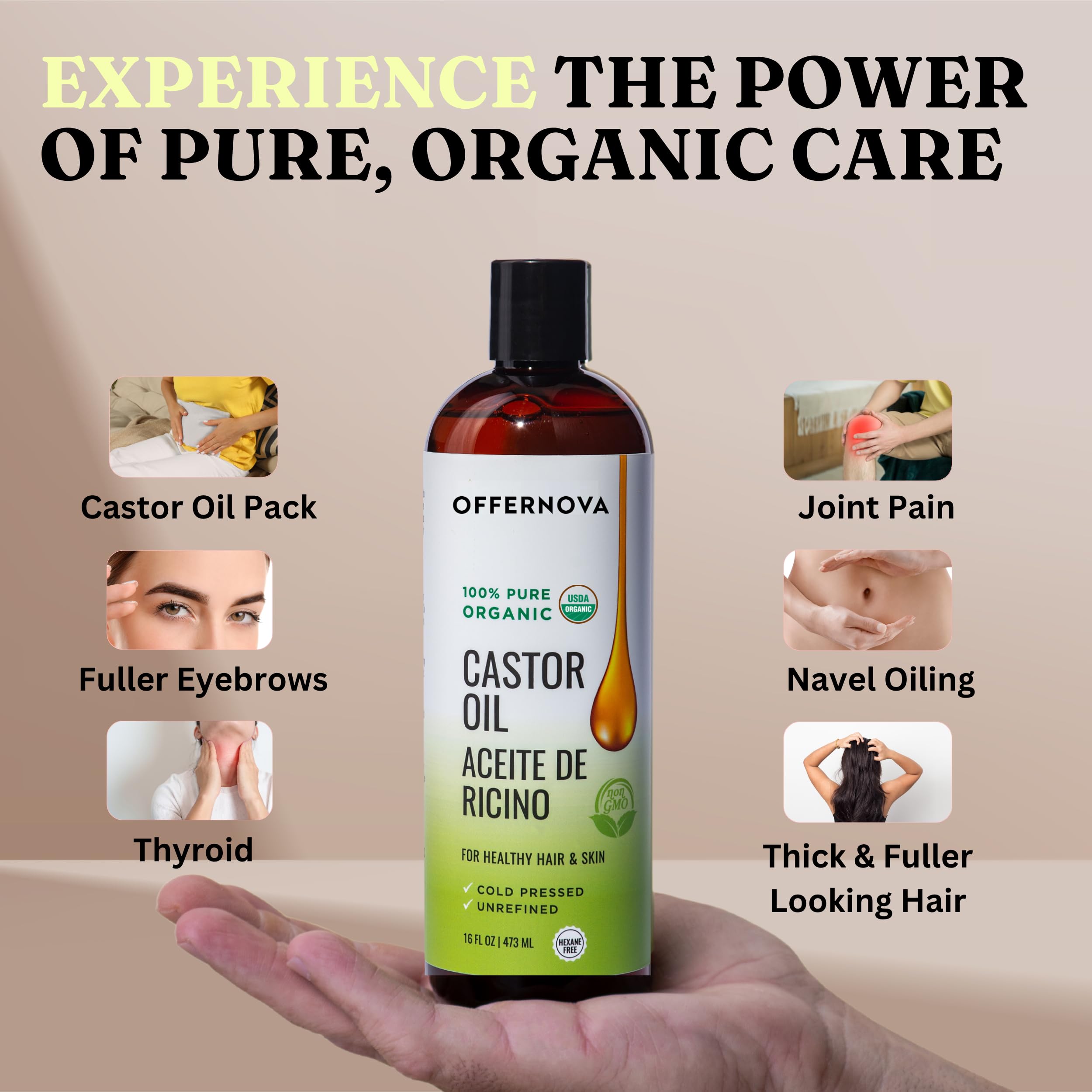 Offernova Castor Oil 16oz – Cold-Pressed, 100% Pure & Organic, Hexane-Free for Lashes, Brows, Hair & Beard