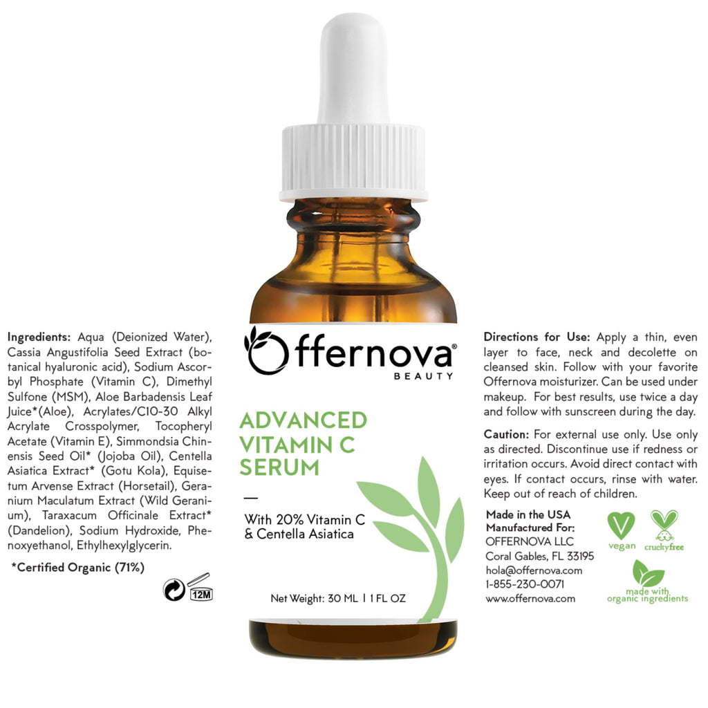 Offernova Organic Vitamin C Serum - 20% Vitamin C + Hyaluronic Acid | Anti Aging Serum for Face, Eyes & Neck | 1 oz
