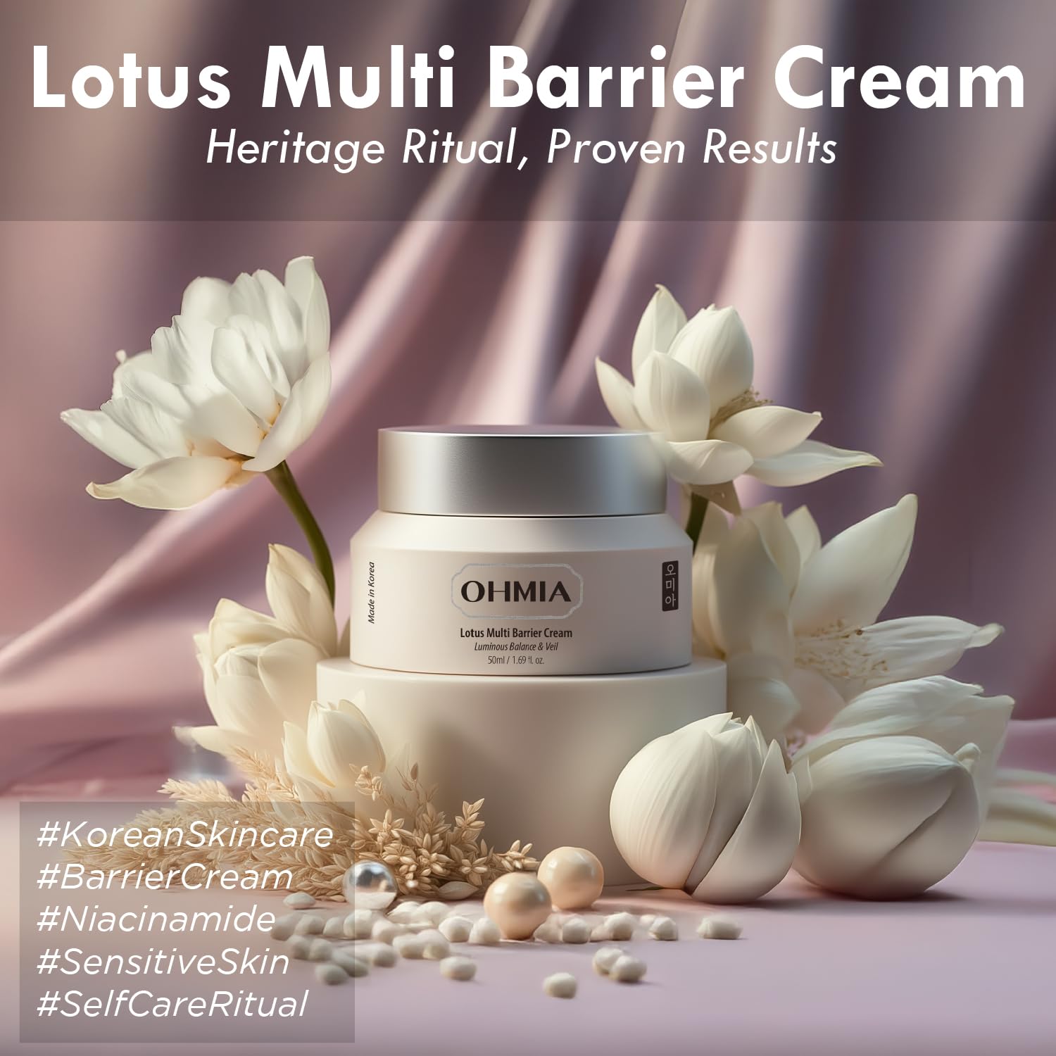 OHMIA Lotus Multi Barrier Cream – Korean Anti-Aging & Firming Moisturizer with Niacinamide & Rice (Fragrance-Free) 1.69 fl oz