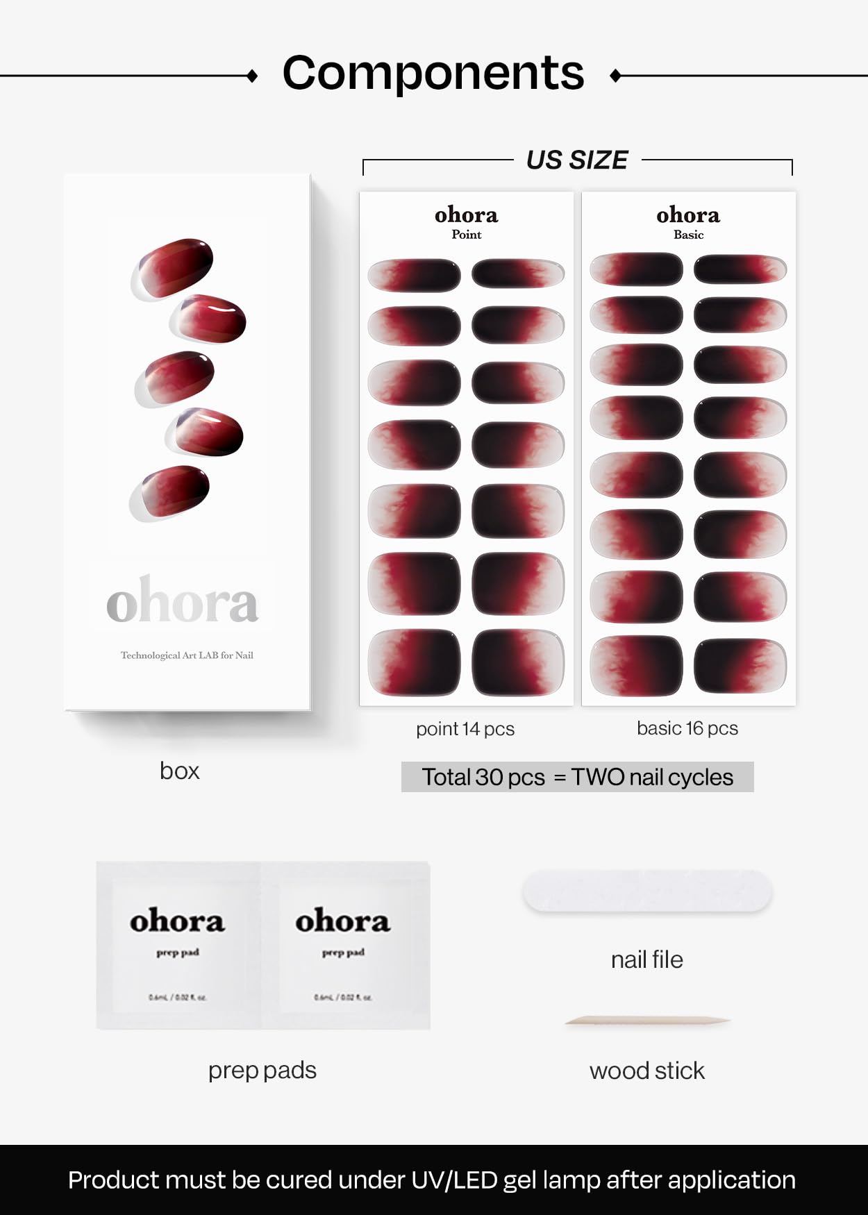 ohora Semi Cured Gel Nail Strips (N Blood Drop) - Red Ombre, Salon-Quality, UV/LED Compatible