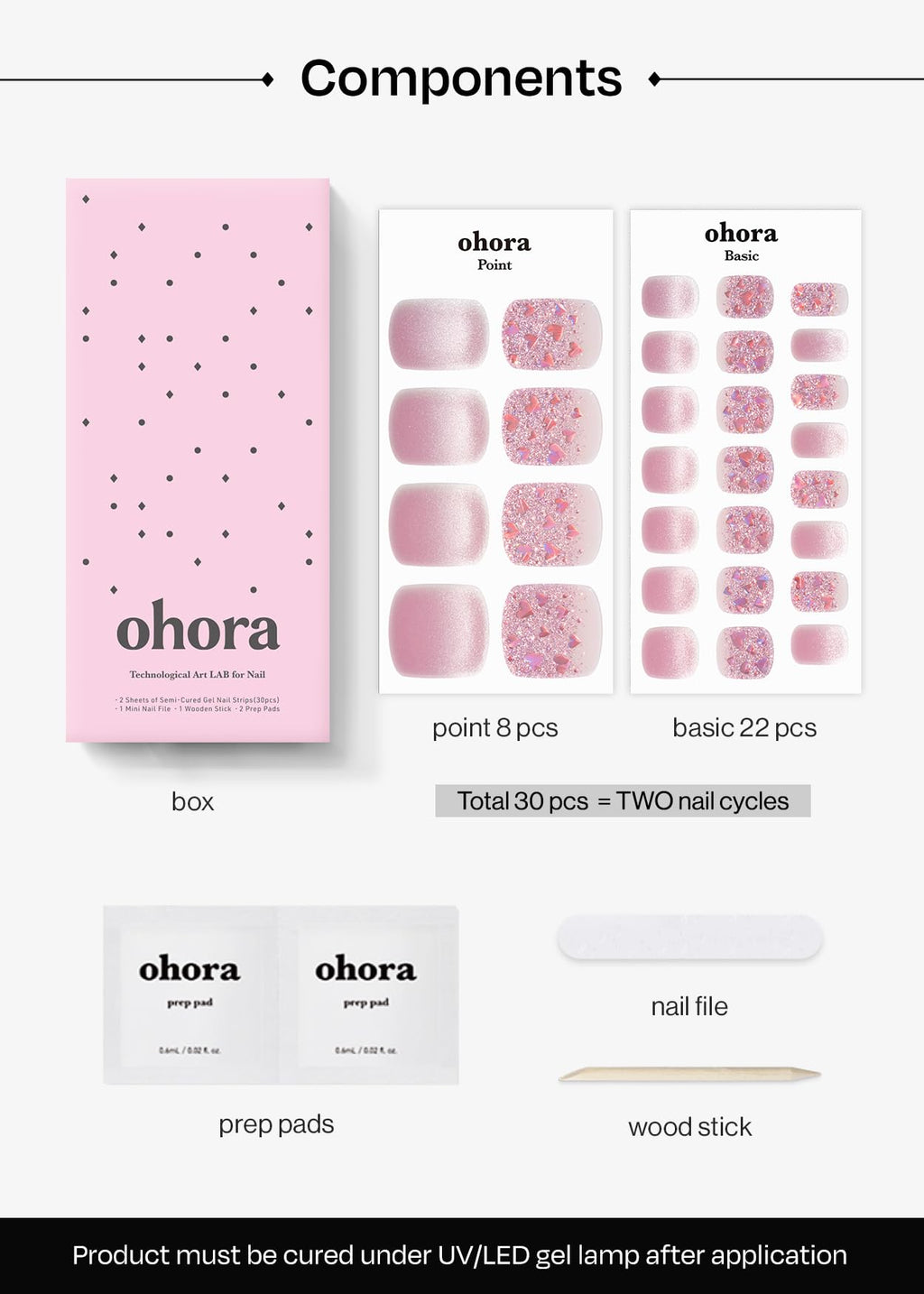 ohora Semi Cured Gel Pedi Strips (P Heart Glimmer) – Salon-Quality Nails at Home, Works with Any Nail Lamp
