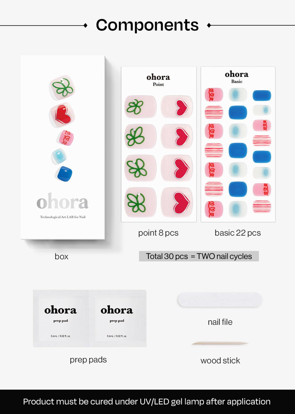 ohora Semi Cured Gel Pedi Strips (P Happy Go Lucky) – Mixed Colors, Works with UV/LED Lamps, Salon-Quality, Easy to Apply & Remove, Includes Prep Pads, Nail File & Wooden Stick