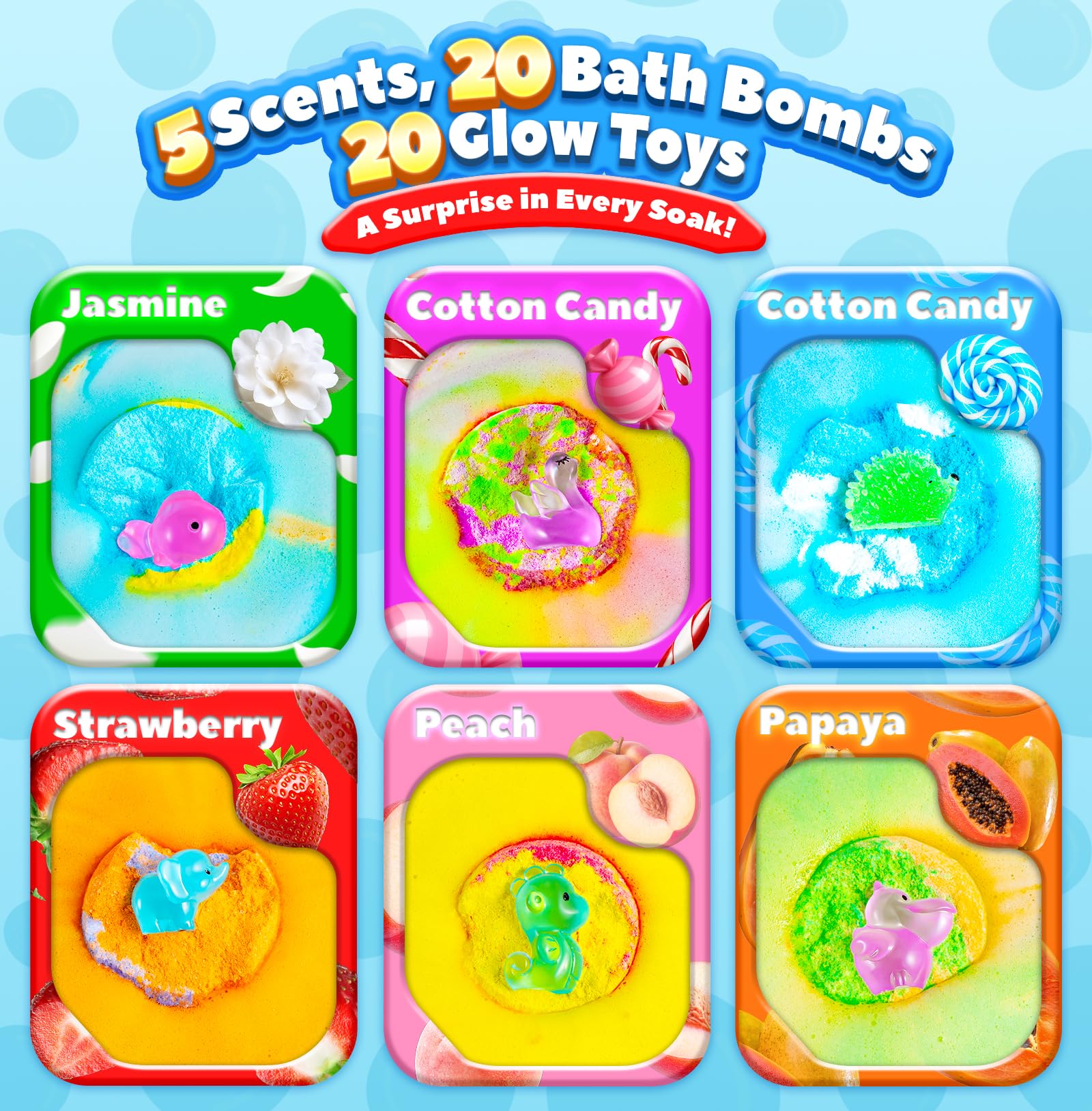 OinkSplash Kids Bath Bombs with Surprise Inside – 20 Pack Glow-in-the-Dark Toys