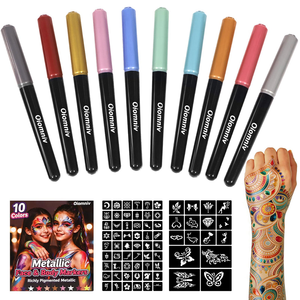 Oiomniv Temporary Tattoo Markers: Metallic Pens + 70 Stencils, Skin-Safe & Water-Resistant