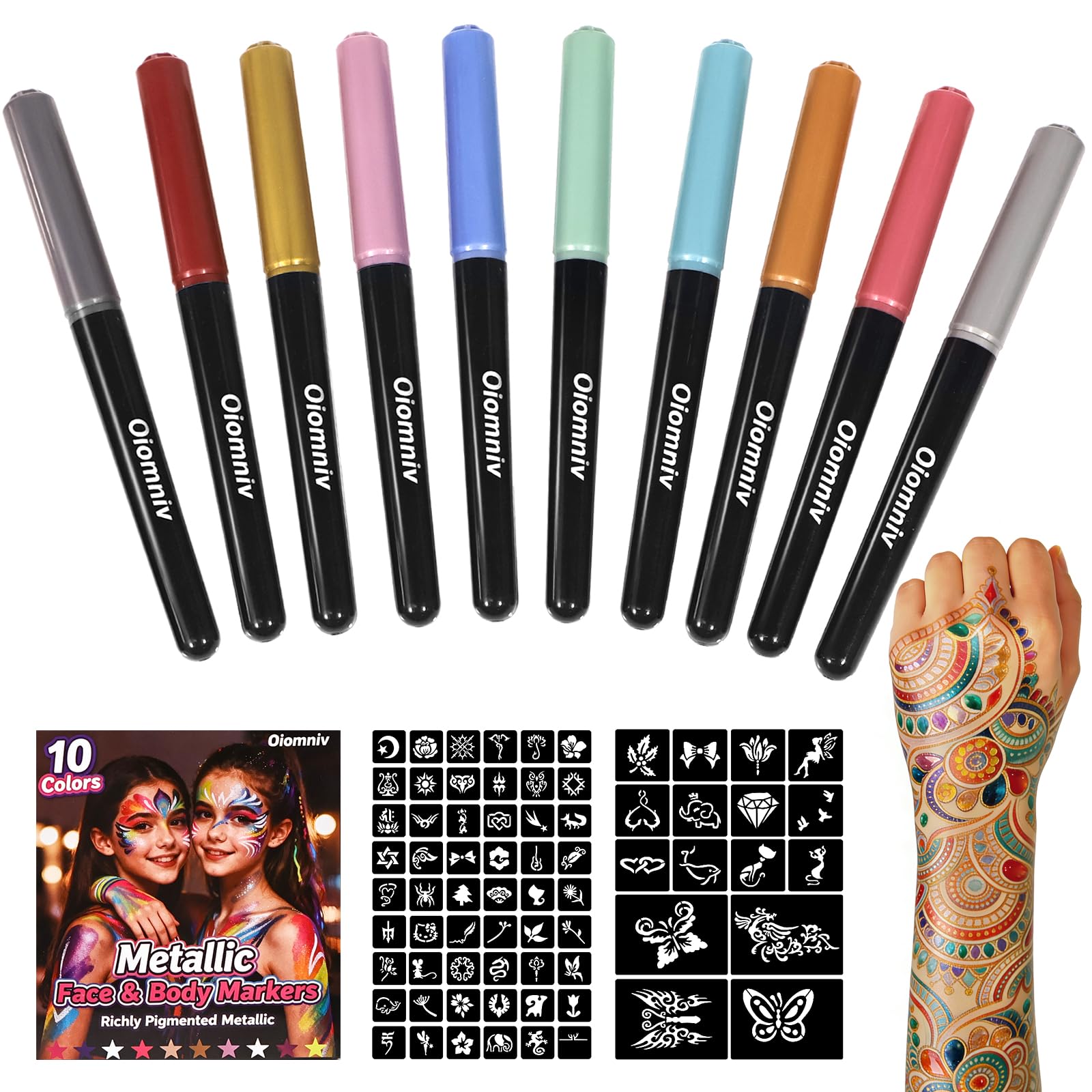 Oiomniv Temporary Tattoo Markers: Metallic Pens + 70 Stencils, Skin-Safe & Water-Resistant