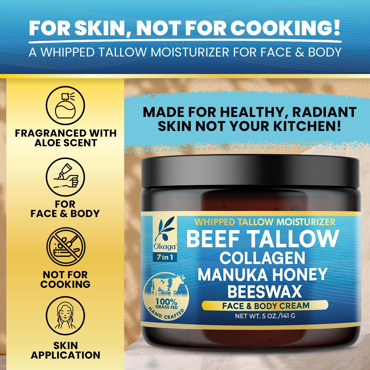 Okaga Organic Beef Tallow Balm 2 Pack – Grass-Fed Tallow with Manuka Honey & Aloe