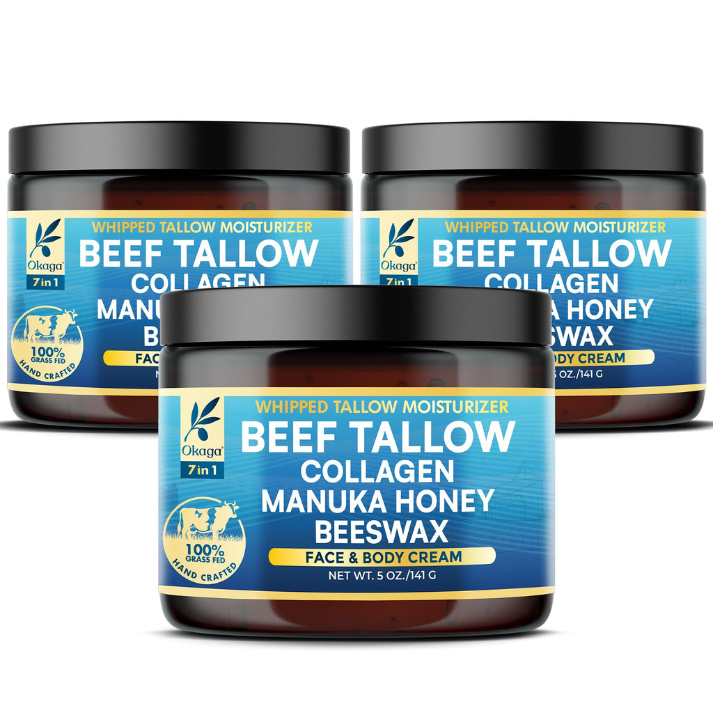 Okaga Organic Beef Tallow Balm 3 Pack - Manuka Honey, Aloe & Collagen