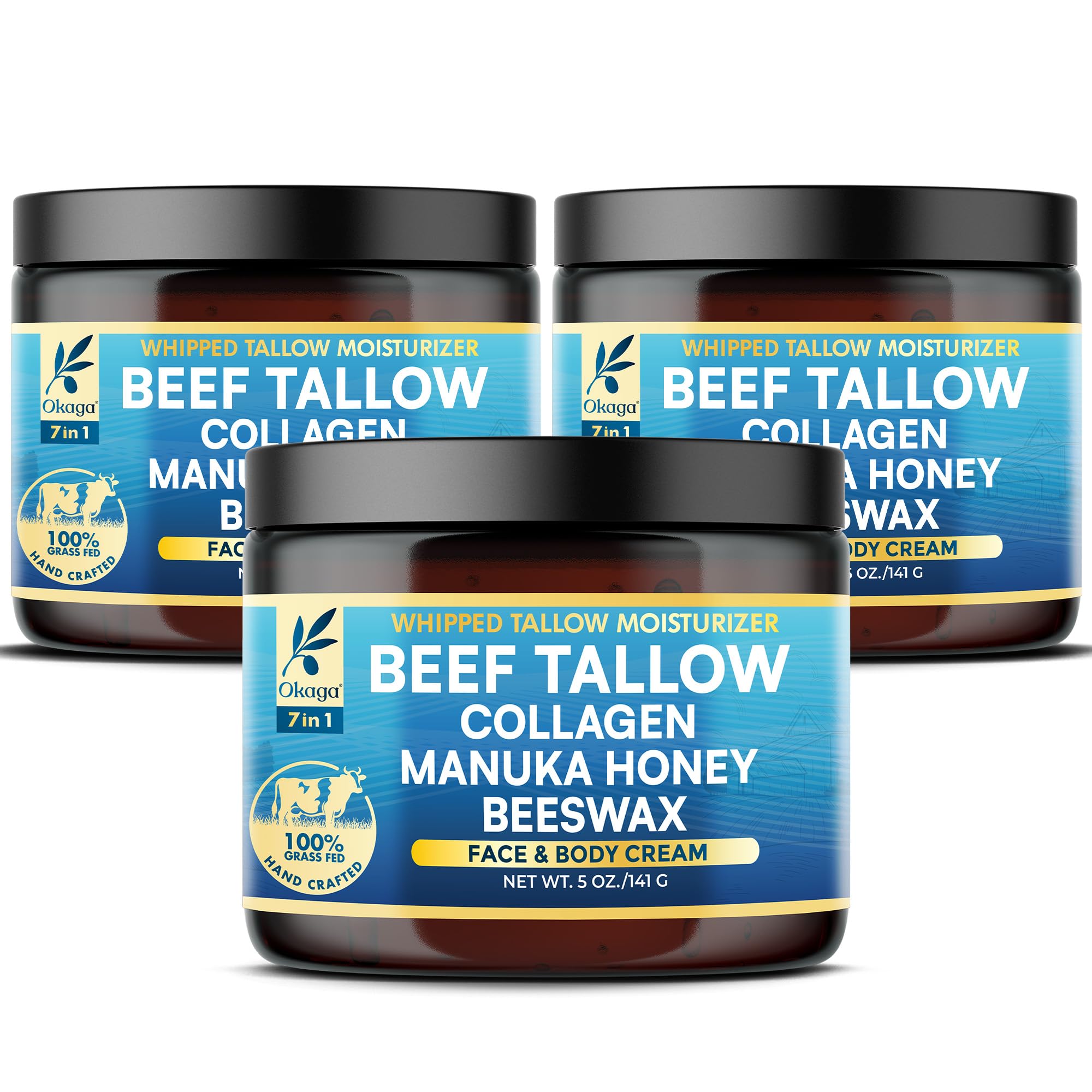 Okaga Organic Beef Tallow Balm 3 Pack - Manuka Honey, Aloe & Collagen